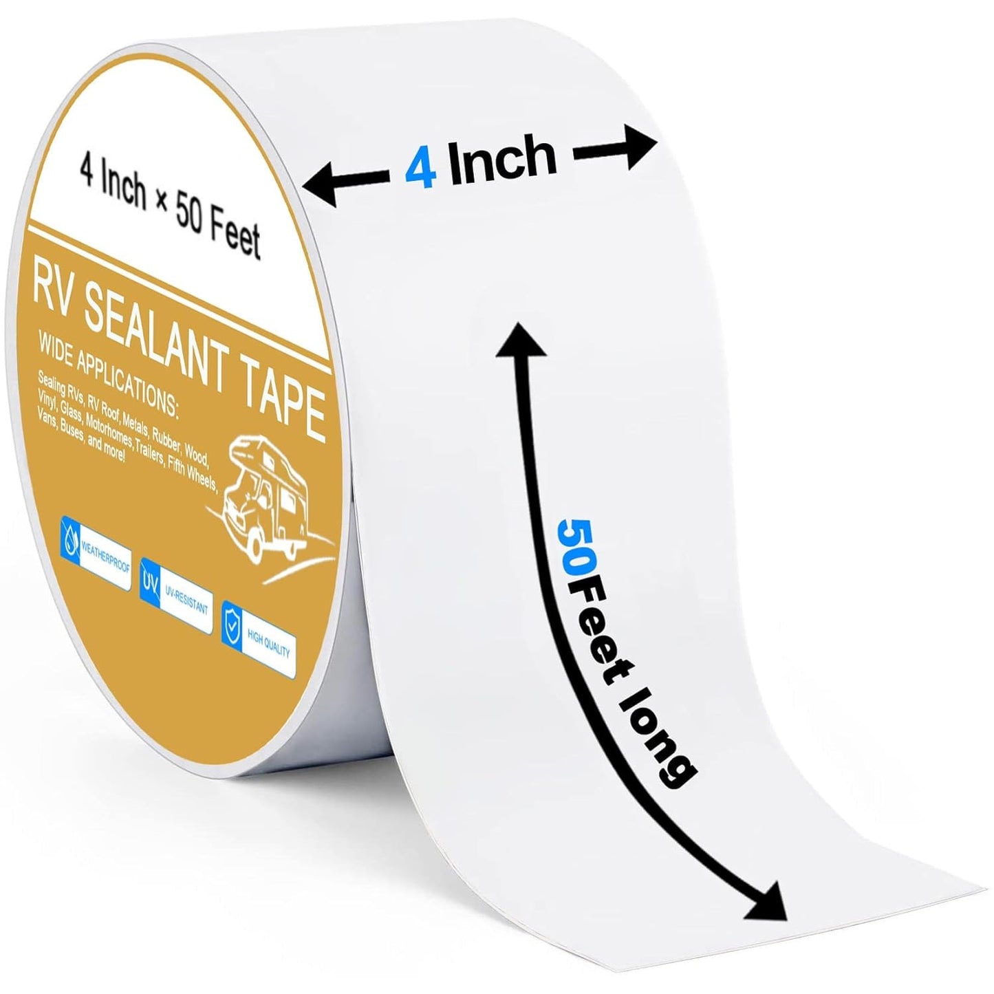 RV Roof Tape White, 4 Inch X 50 Feet RV Repair Sealant Tape, Stop Camper Roof Leaks, UV-Resistant, Weatherproof and Reliable for Camper, Trailer, Boat