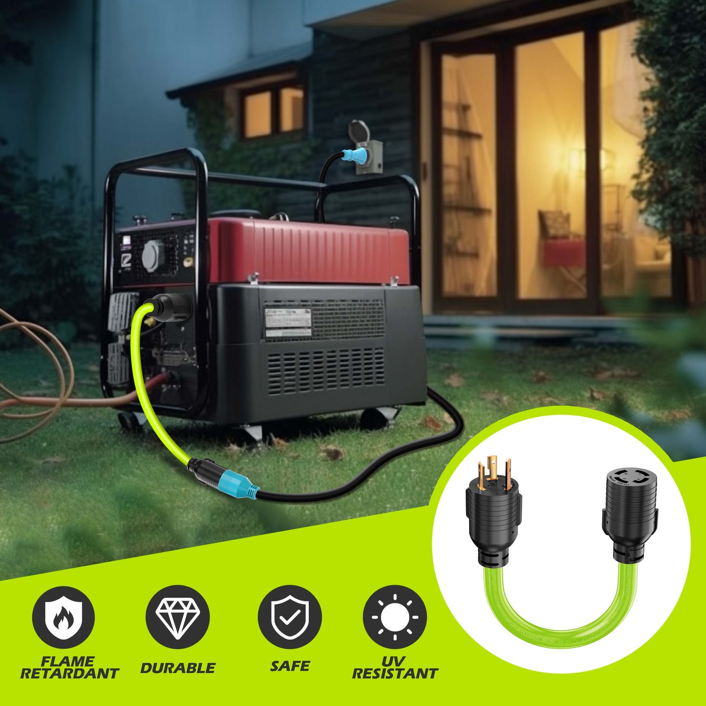 4 Prong to 3 Prong Generator Transfer Switch Adapter Cord, NEMA L5-30P to L14-30R, 30 Amp Generator Adapter Twist Lock STW 10 AWG