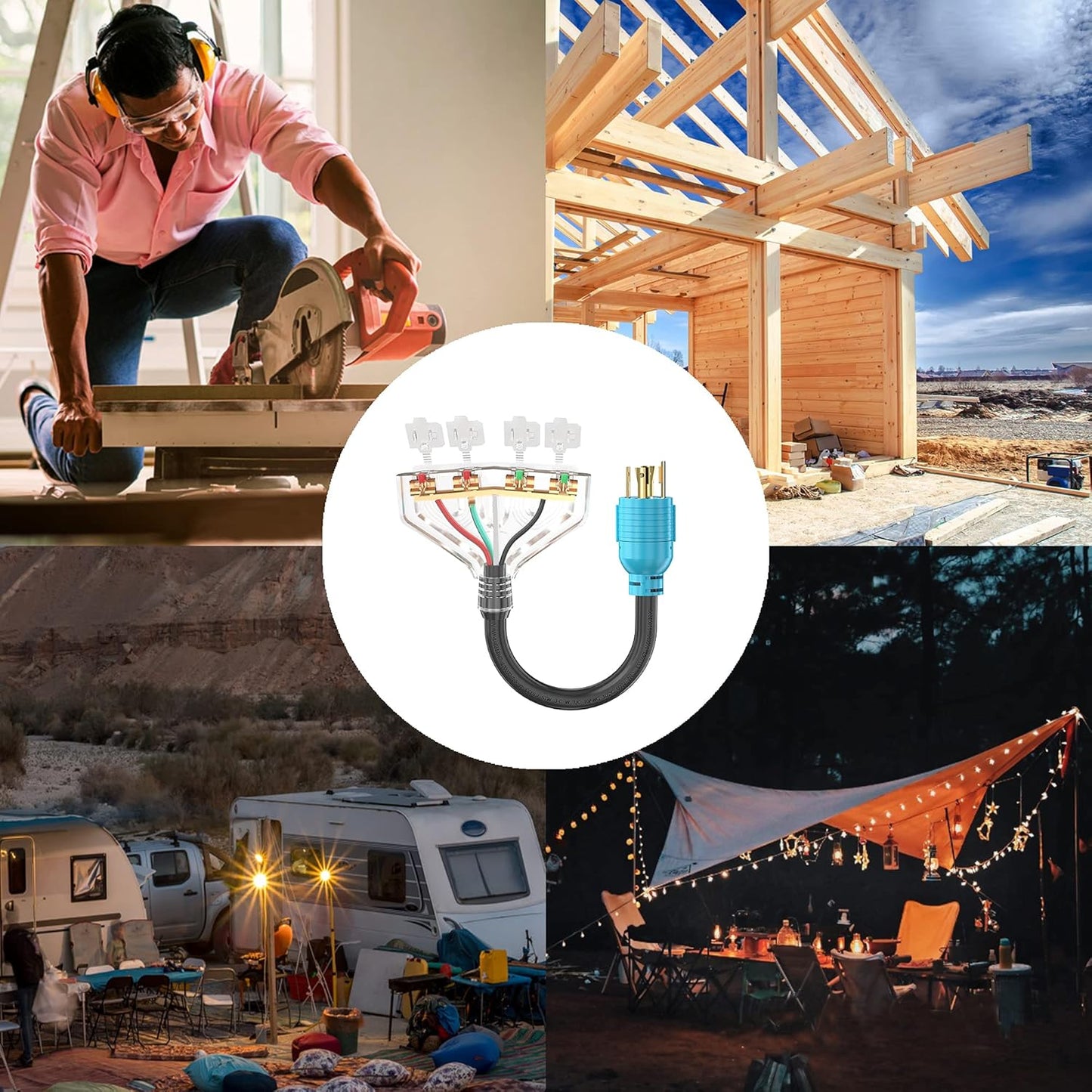 4 Prong 30 Amp to 15 Amp Generator Distribution Adapter, NEMA L14-30P Male to 4X 5-15R/5-20R T-Blade Female with Dust Protection Caps, 10 Gauge 125/250V 7500W