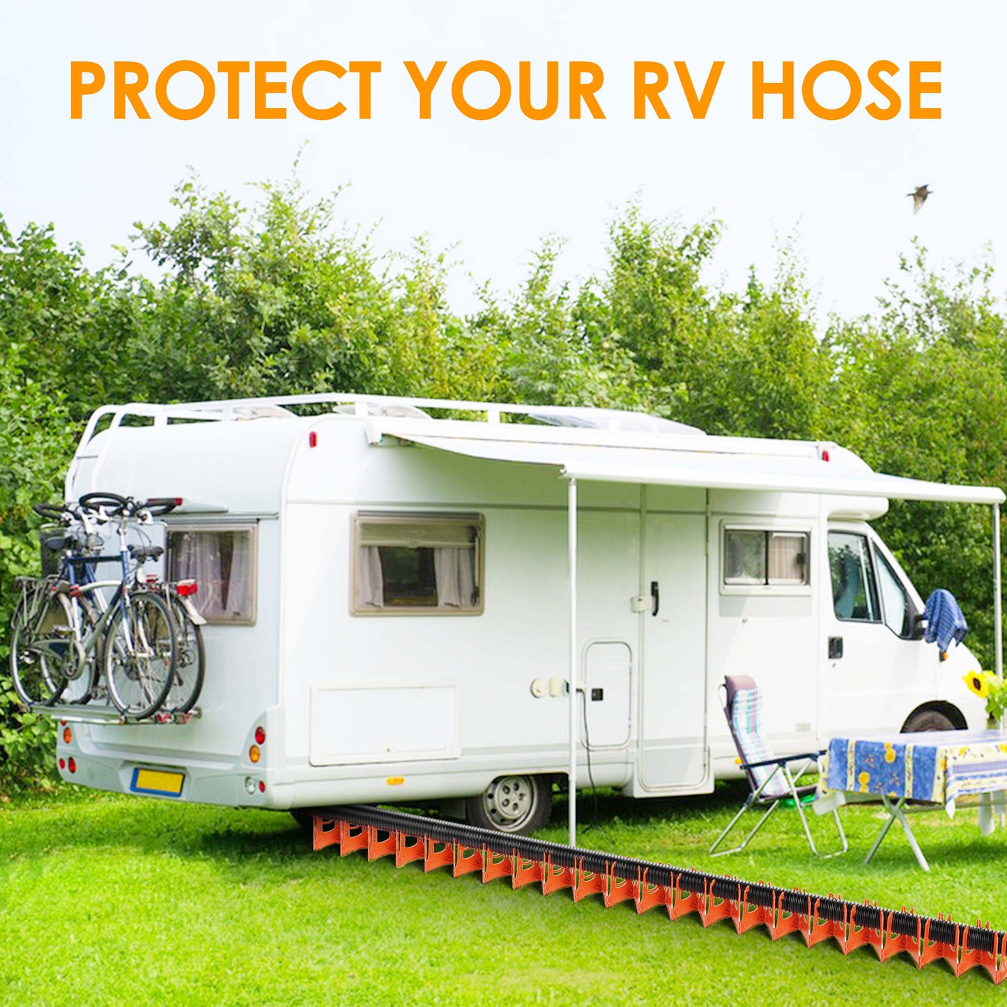 RV Sewer Hose Support 20 FT, U-shaped Adjustable Height Sewer Hose Support with Elastic Straps and Rubber Ties Quick Set-up RV Sewer Hose Storage for Travel Trailers Campers, Blaze Orange