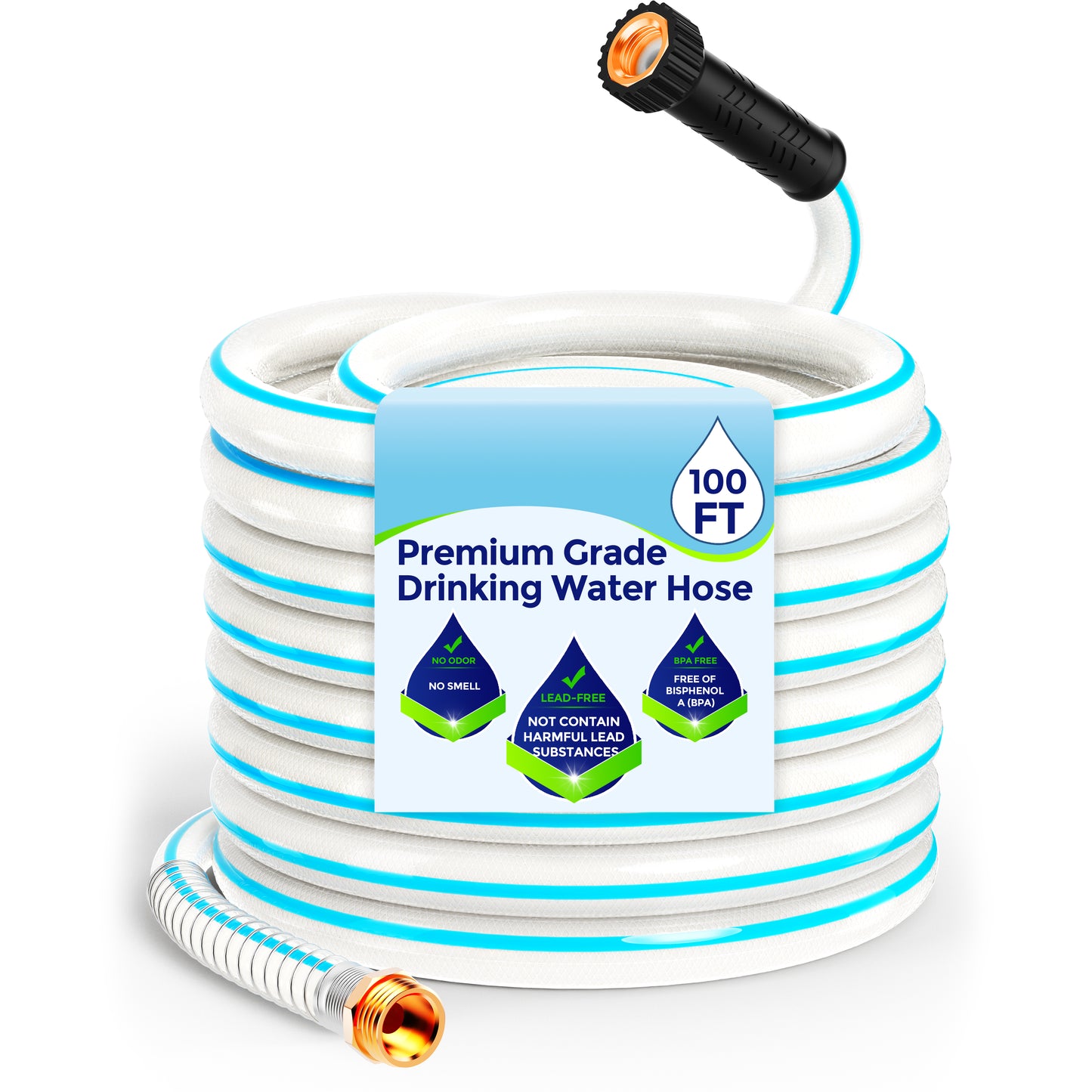 RV Water Hose - Drinking Water Hose Contains No Lead, No BPA - Flexible Leak-Free Design - Upgrade Strain Relief Ends - 5/8" Inside Diameter