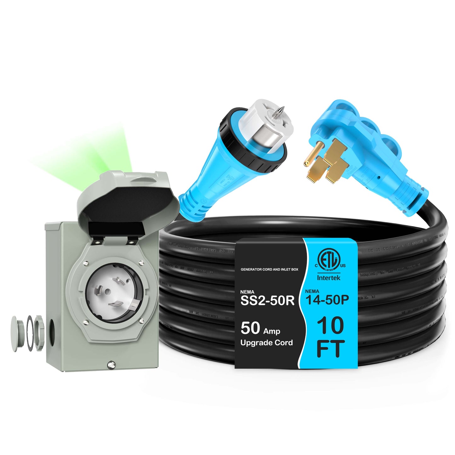 50 Amp Generator Cord and Power Inlet Box Combo Kit, Pure Copper Wire STW 6/3+8/1 AWG 125/250V, NEMA 14-50P to SS2-50R Twist Lock for Generator to House