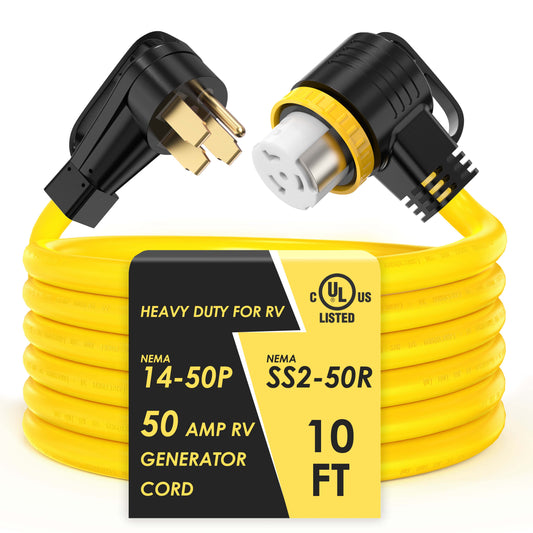 50 Amp RV/Generator Cord, UL Listed, 100% Copper Wire, NEMA 14-50P to SS2-50R Twist Lock, Newly Designed 90°Grip Handle, 6/3+8/1 Gauge STW Wire