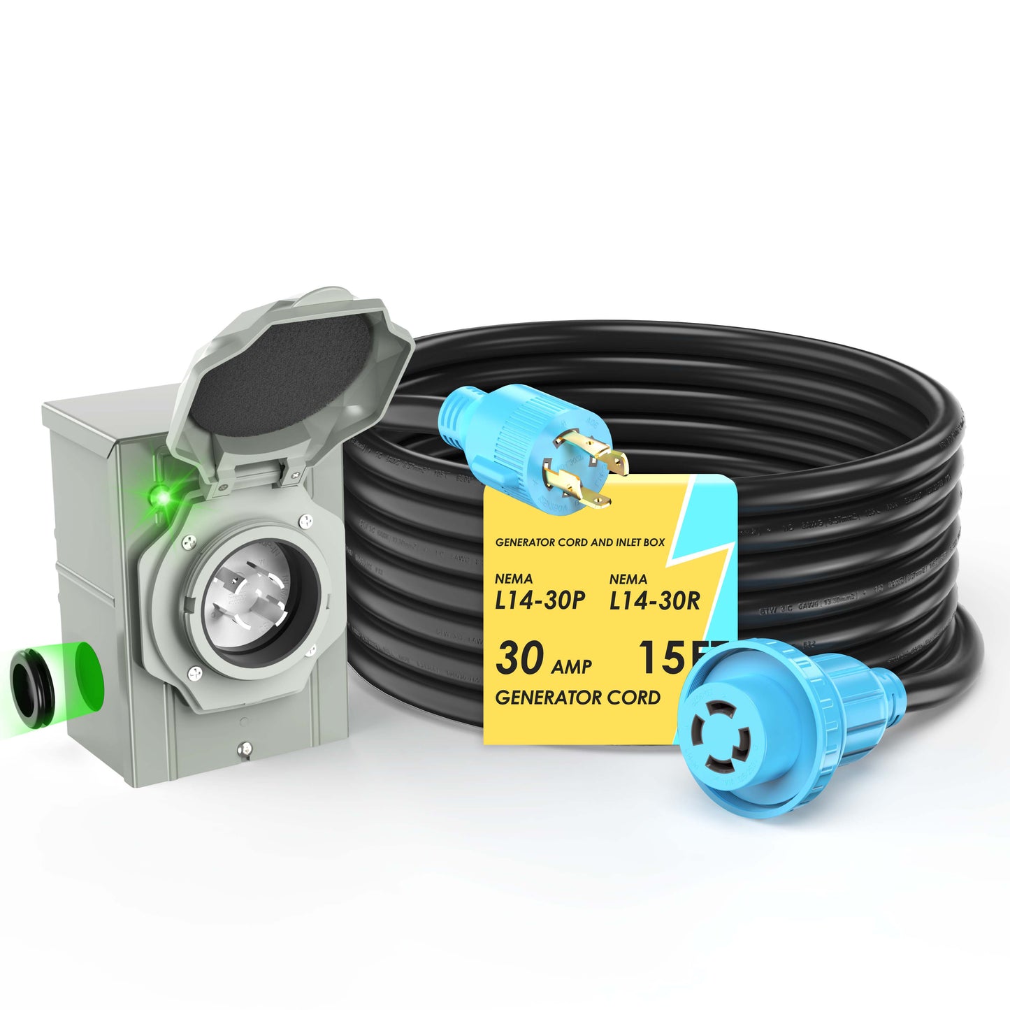 4 Prong 30 Amp Generator Extension Cord and Inlet Box with Locking Connector, Heavy Duty NEMA L14-30P/L14-30R, 125/250V 7500W 10 Gauge SJTW Generator to House Power Cord
