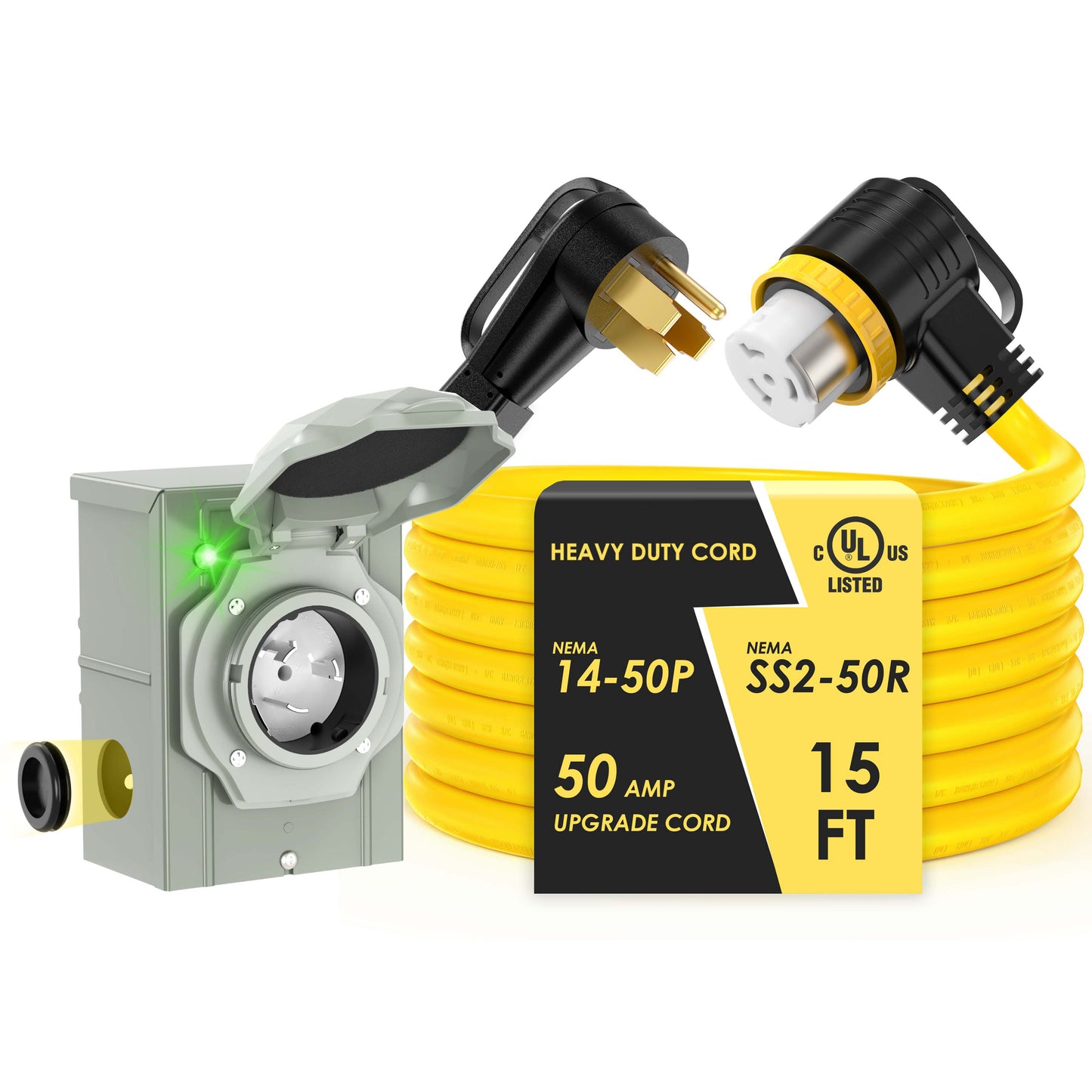 50 Amp Generator Cord with Inlet Box Kit, Heavy Duty 6/3+8/1 AWG STW Wire, NEMA 14-50P to SS2-50R Twist Locking, Newly Designed 90 Degree Grip Handle for Generator to House