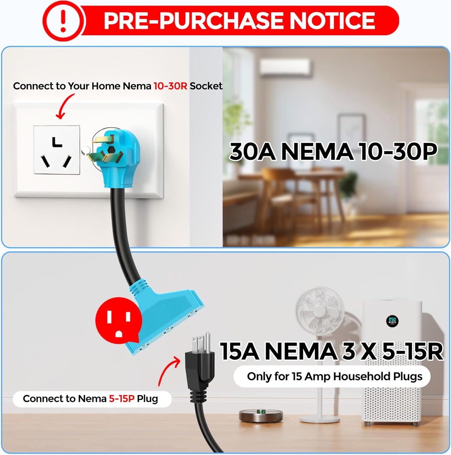 3 Prong 30 Amp to 110V Dryer Distribution Adapter Cord, NEMA 10-30P Male to 3X 5-15R Household Outlet Female