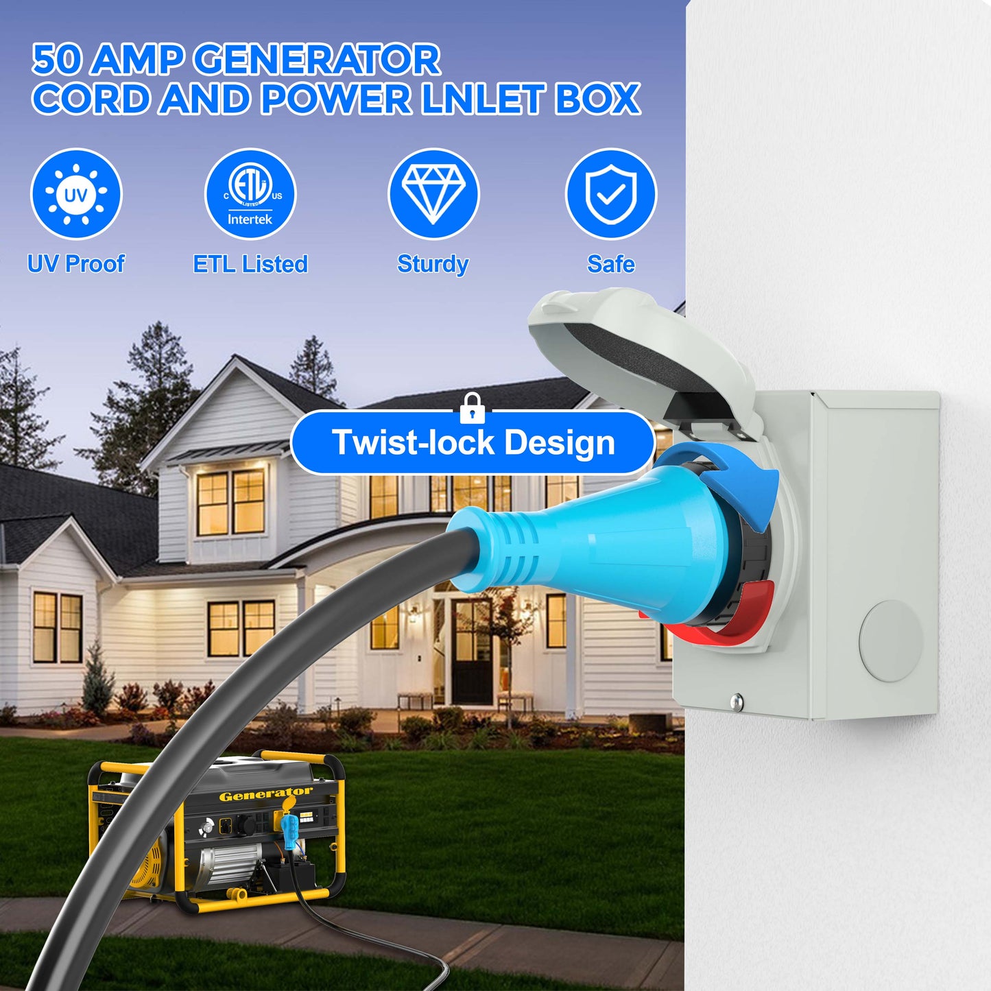 50 Amp Generator Cord and Power Inlet Box Combo Kit, Pure Copper Wire STW 6/3+8/1 AWG 125/250V, NEMA 14-50P to SS2-50R Twist Lock for Generator to House