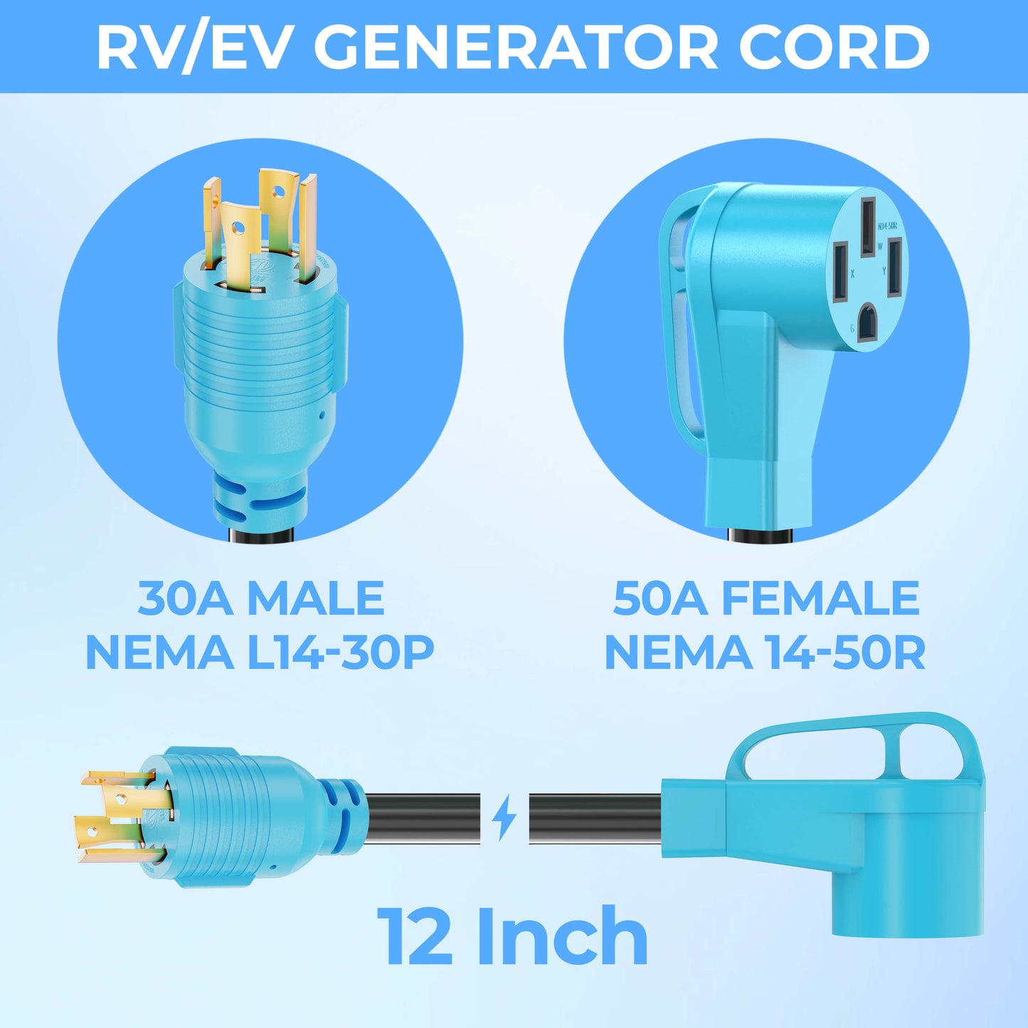 4 Prong 30 Amp to 50 Amp Generator to RV/EV Adapter Cord, NEMA L14-30P to 14-50R, Heavy Duty STW 10 AWG Suit for Tesla Model S/3/X/Y Charging or Generator to House and RV Trailer Camper