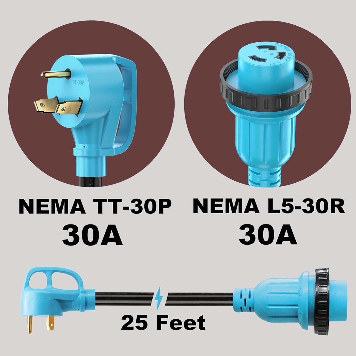 30 Amp RV Power Cord Twist Locking, Heavy Duty 10 Gauge 3 Wire STW Pure Copper Wire with Grip Handle, TT-30P to L5-30R with Cord Organizer for RV Trailer Campers