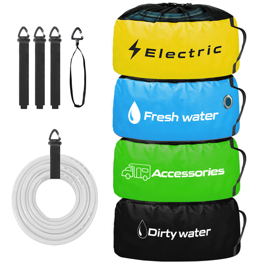 RV Storage and Organization Bag 4 Pack Camper Waterproof RV Accessories Storage and Organizer Bags for Sewer Hoses, Fresh & Waste Water Hoses, Electrical Cords (black/blue/yellow/green)