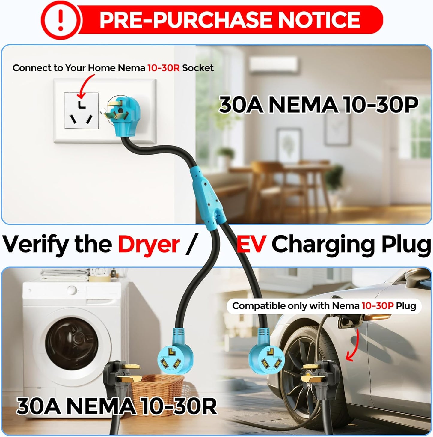 4 Prong Dryer Y Splitter 2 FT, NEMA 14-30P Male to Two NEMA 14-30R Female, 30 Amp 250 Volt 7500W STW 10 AWG Dryer Y Adapter Cord, for Dryer Outlet and Level 2 EV Charging