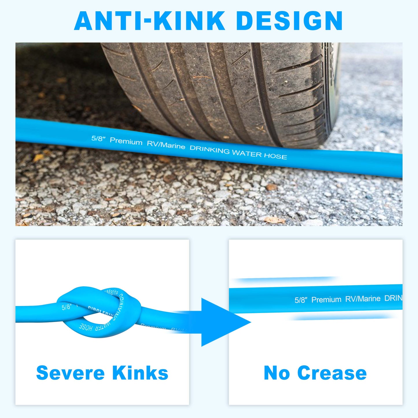 RV Water Hose, 5/8" Premium RV Drinking Water Hose for RV, Camping, Marine, Trailer and Truck, BPA Free, Anti-Kink and Leak-Free, Drinking Water Safe-Blue