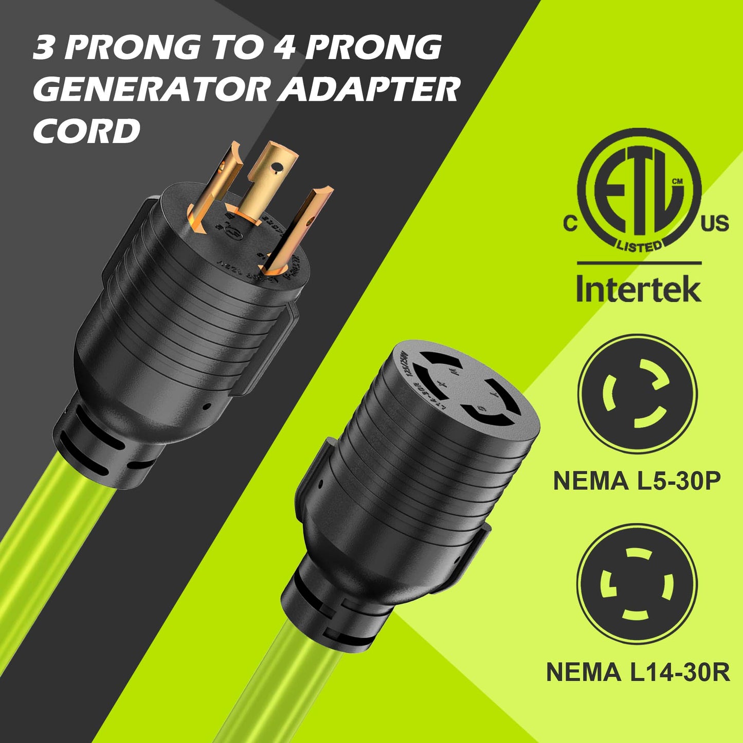 4 Prong to 3 Prong Generator Transfer Switch Adapter Cord, NEMA L5-30P to L14-30R, 30 Amp Generator Adapter Twist Lock STW 10 AWG