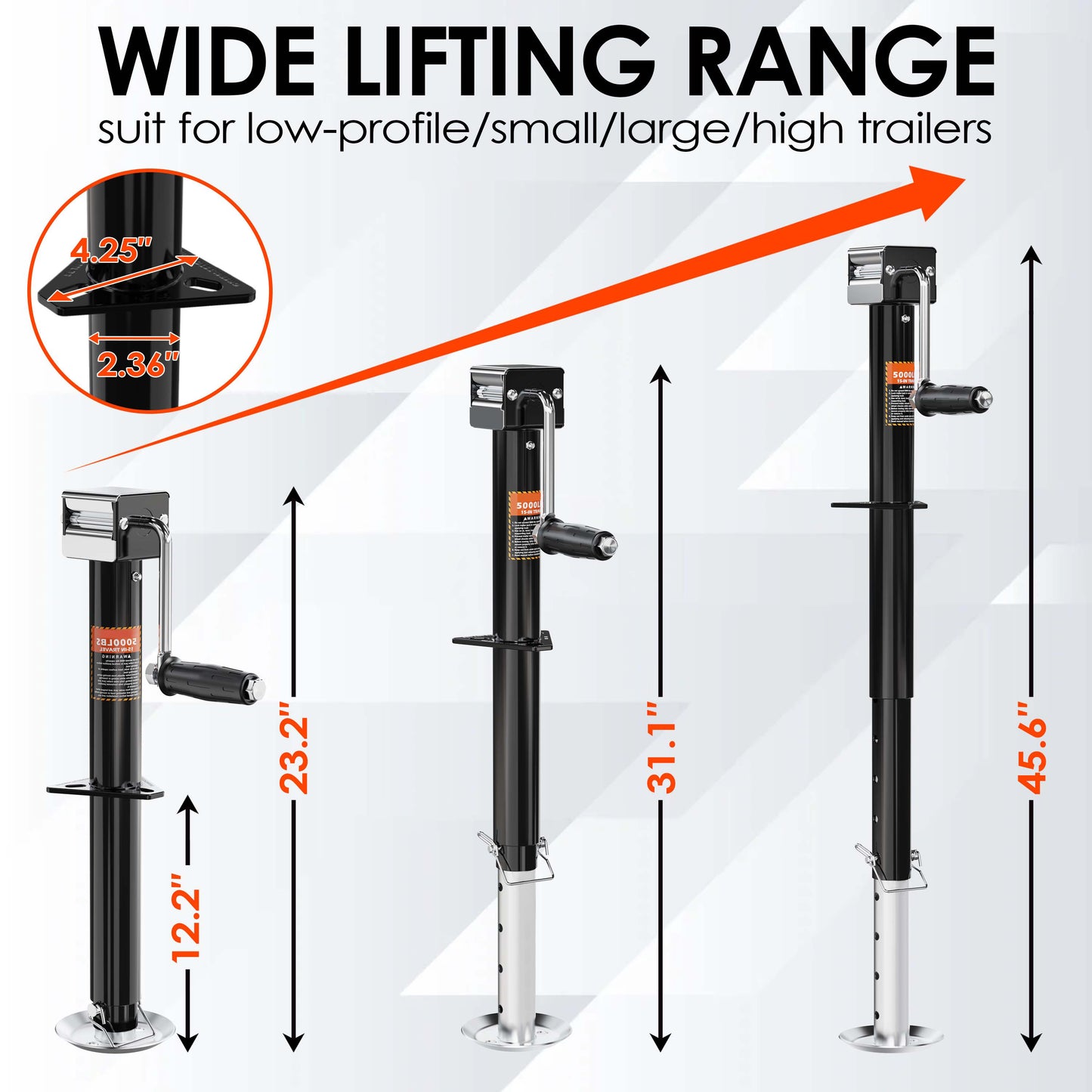 5000 lbs A-Frame Trailer Jack, 15" Lift, Adjustable 5-Level Drop Leg, 5K Jack for RV Trailer Boat