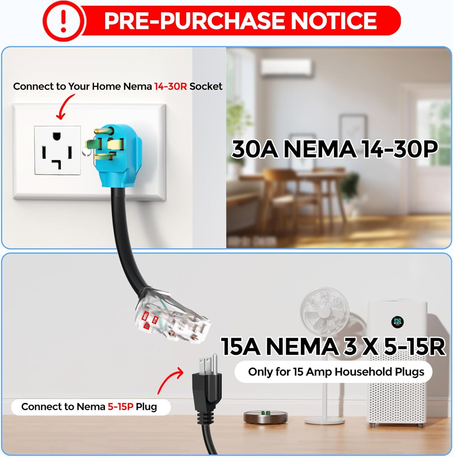 4 Prong 30 Amp to 110V Dryer Distribution Adapter Cord, NEMA 14-30P Male to 3X 5-15R T-Blade Household Outlet Female with LED Power Indicator