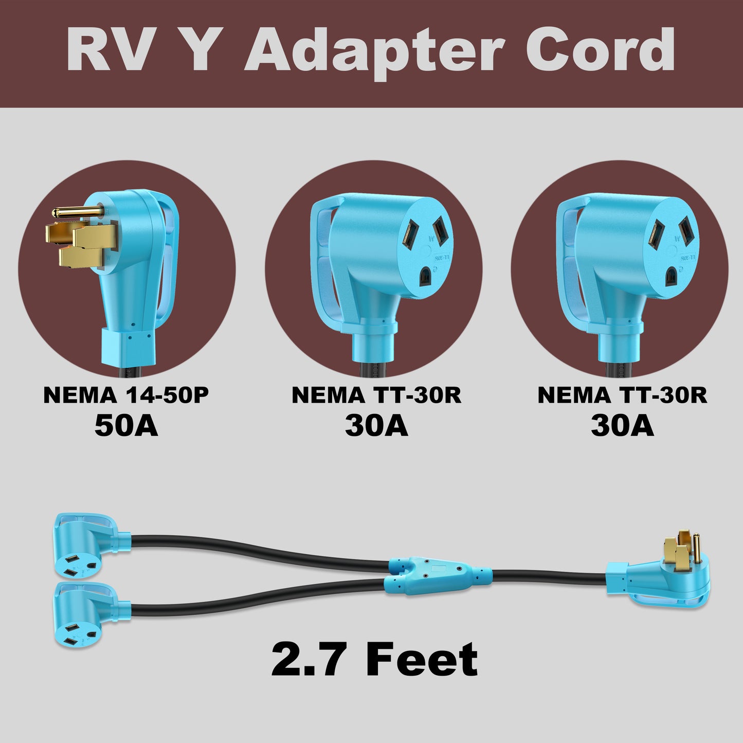RV Y Adapter Cord 50 Amp to Two 30 Amp, NEMA 14-50P Male Plug to TT-30R Female with Grip Handle, Heavy Duty STW 10 AWG for RV Trailer Camper