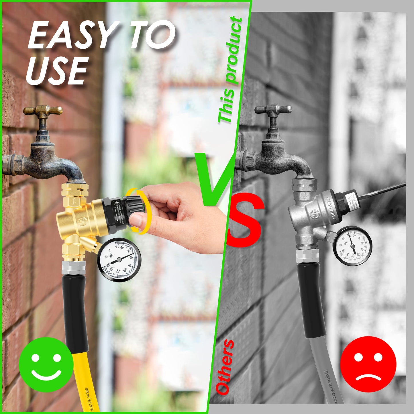 RV Water Pressure Regulator Valve, Brass Lead-Free Adjustable Water Pressure Reducer with Gauge and Inlet Filter for RV Camper and Travel Trailer