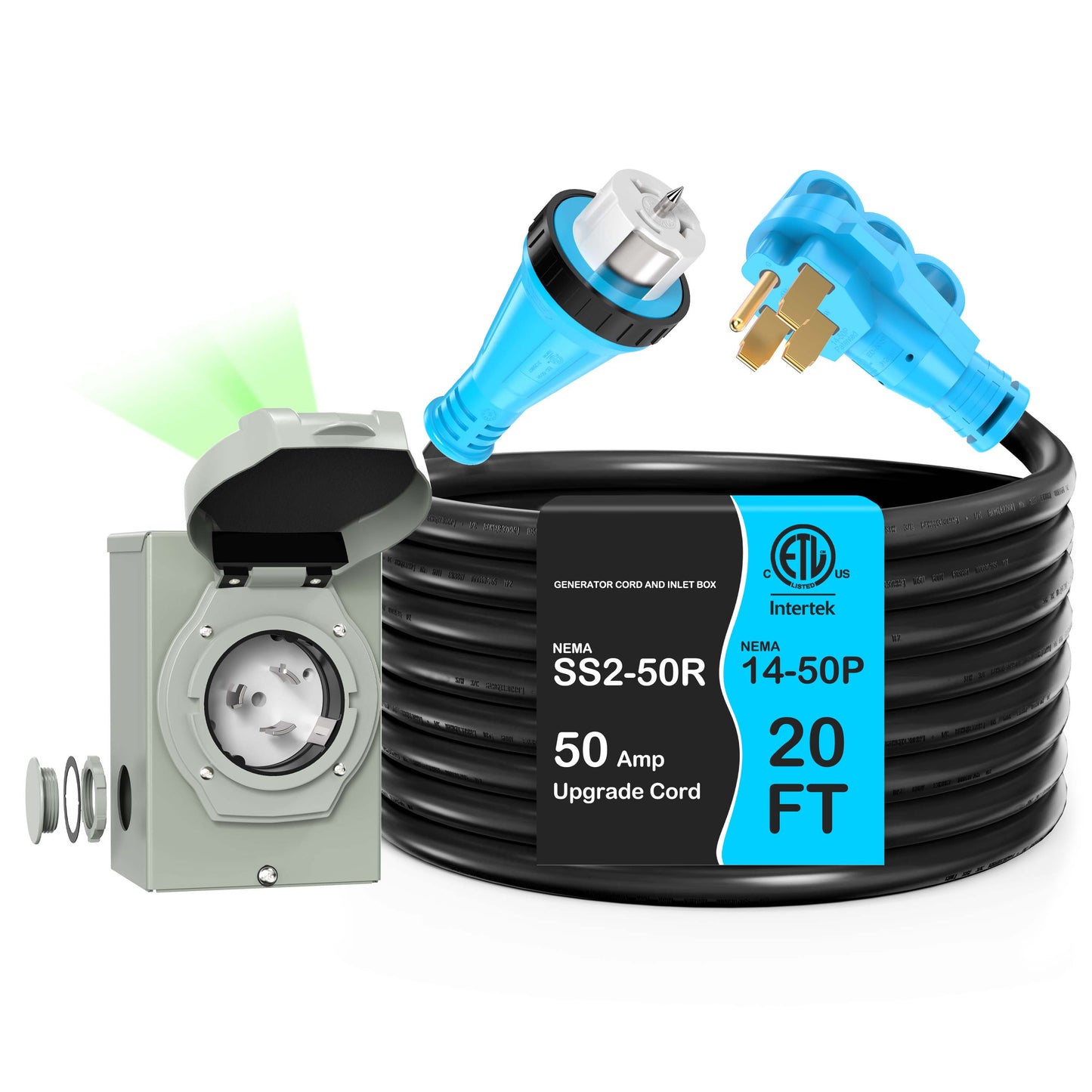50 Amp Generator Cord and Power Inlet Box Combo Kit, Pure Copper Wire STW 6/3+8/1 AWG 125/250V, NEMA 14-50P to SS2-50R Twist Lock for Generator to House