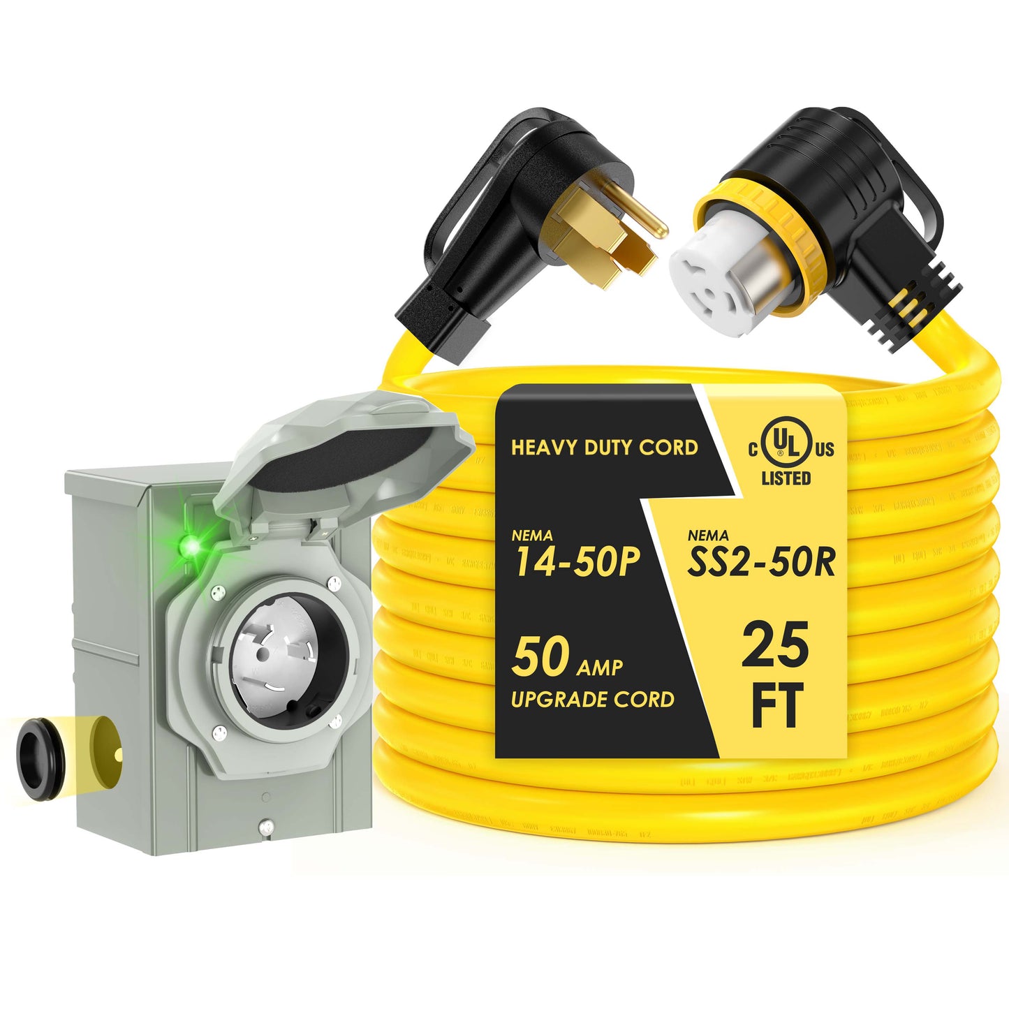 50 Amp Generator Cord with Inlet Box Kit, Heavy Duty 6/3+8/1 AWG STW Wire, NEMA 14-50P to SS2-50R Twist Locking, Newly Designed 90 Degree Grip Handle for Generator to House