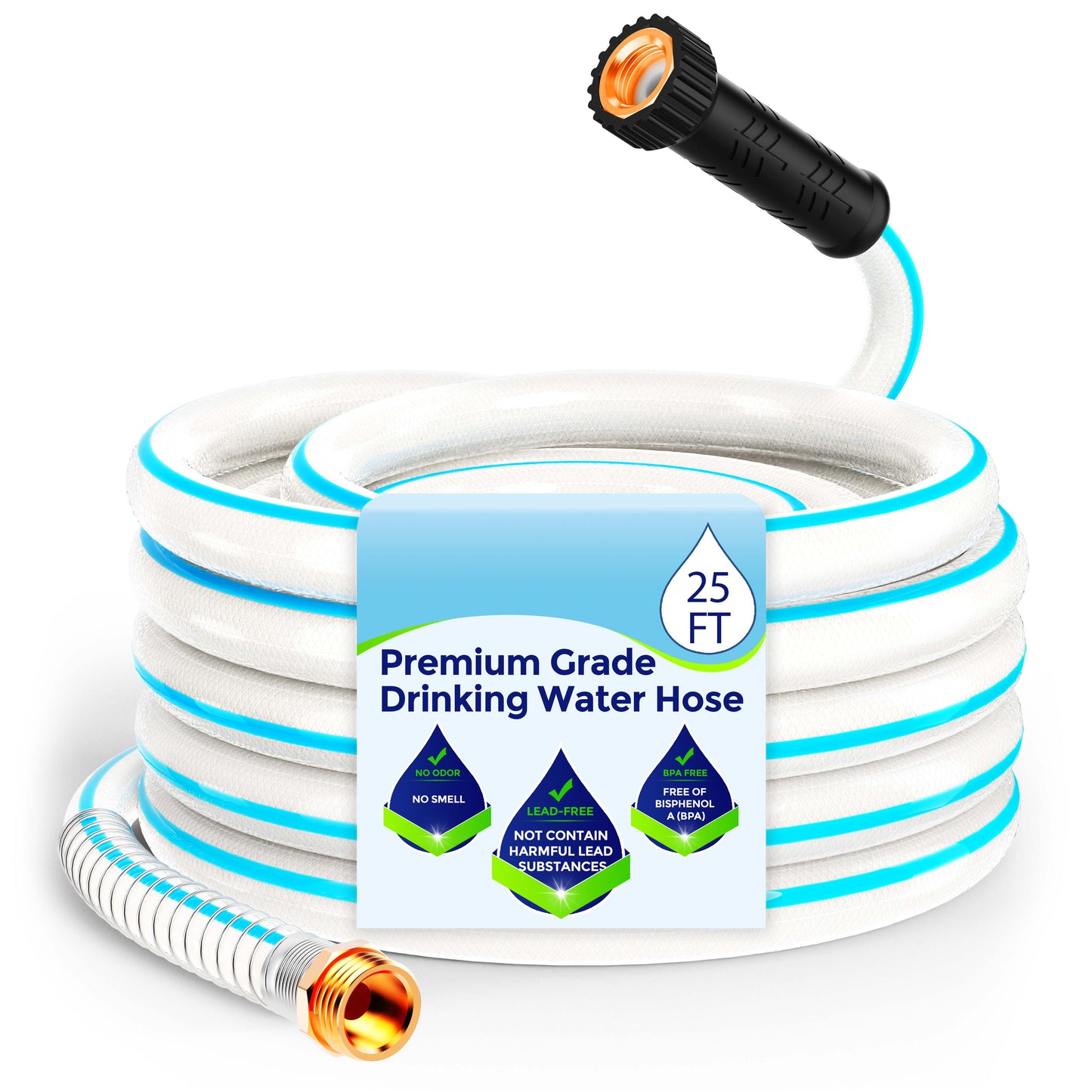 RV Water Hose - Drinking Water Hose Contains No Lead, No BPA - Flexible Leak-Free Design - Upgrade Strain Relief Ends - 5/8" Inside Diameter