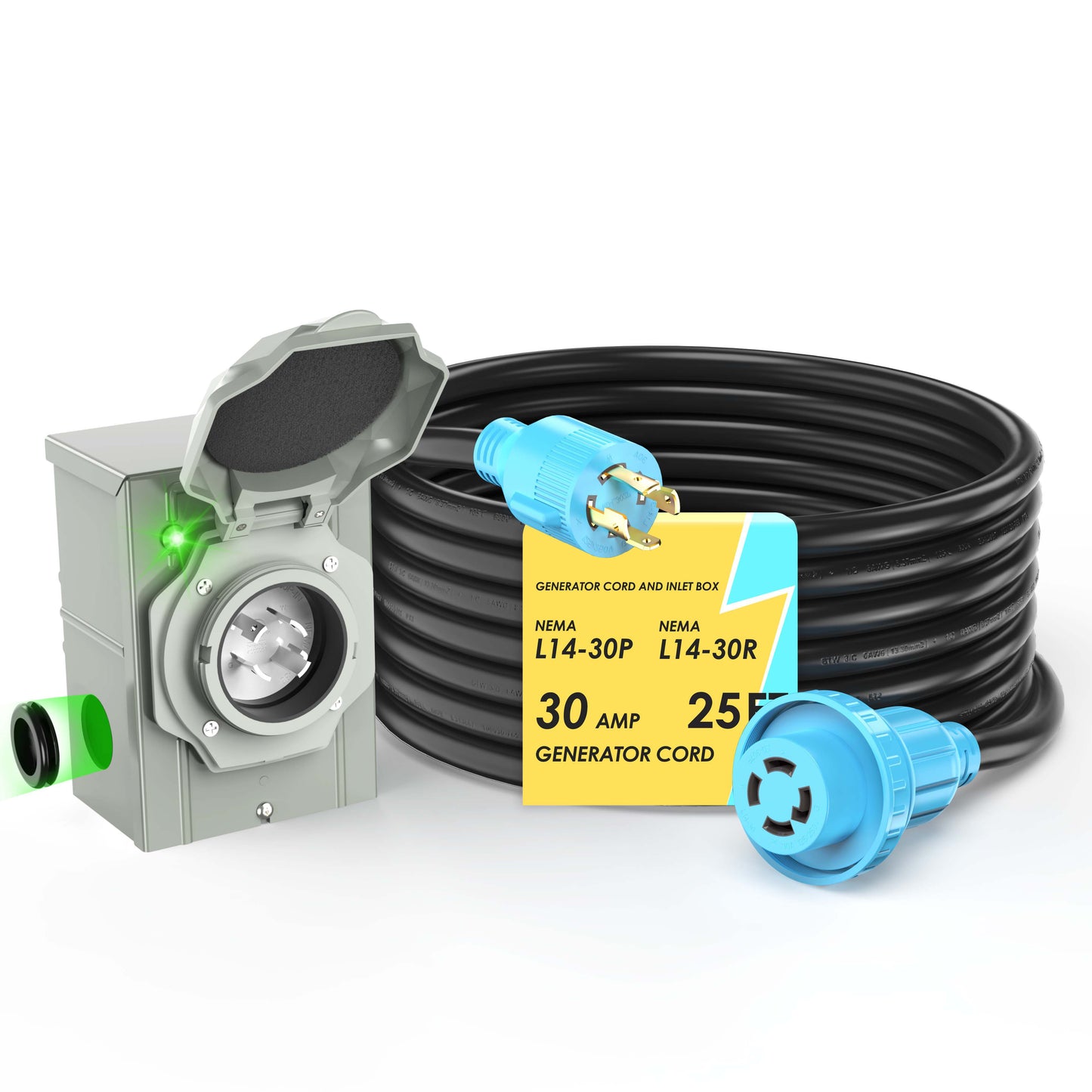 4 Prong 30 Amp Generator Extension Cord and Inlet Box with Locking Connector, Heavy Duty NEMA L14-30P/L14-30R, 125/250V 7500W 10 Gauge SJTW Generator to House Power Cord