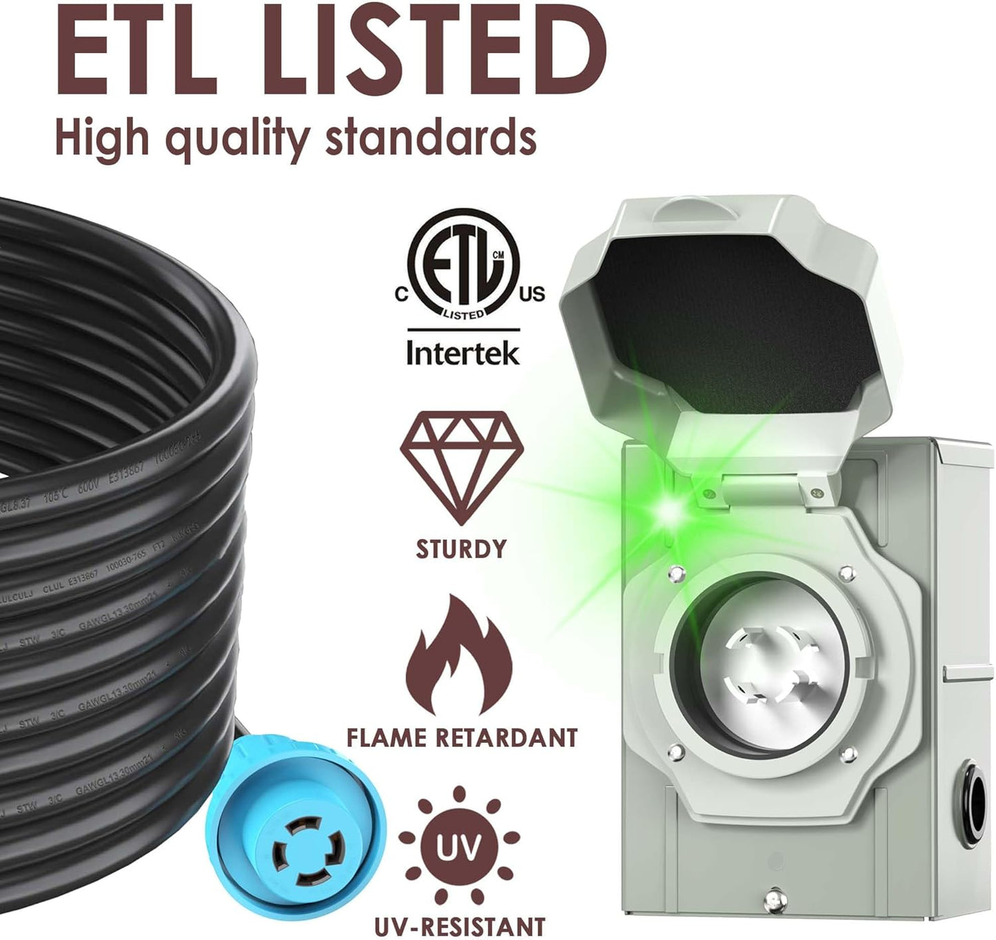 4 Prong 30 Amp Generator Extension Cord and Inlet Box with Locking Connector, Heavy Duty NEMA L14-30P/L14-30R, 125/250V 7500W 10 Gauge SJTW Generator to House Power Cord