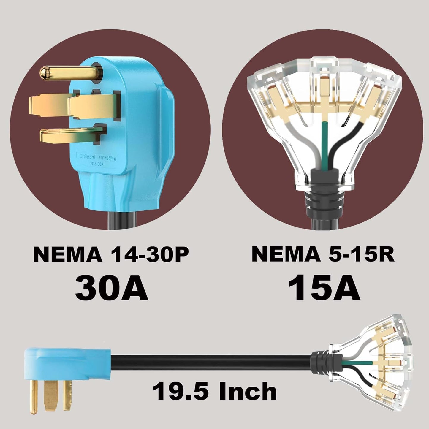 4 Prong 30 Amp to 110V Dryer Distribution Adapter Cord, NEMA 14-30P Male to 3X 5-15R T-Blade Household Outlet Female with LED Power Indicator