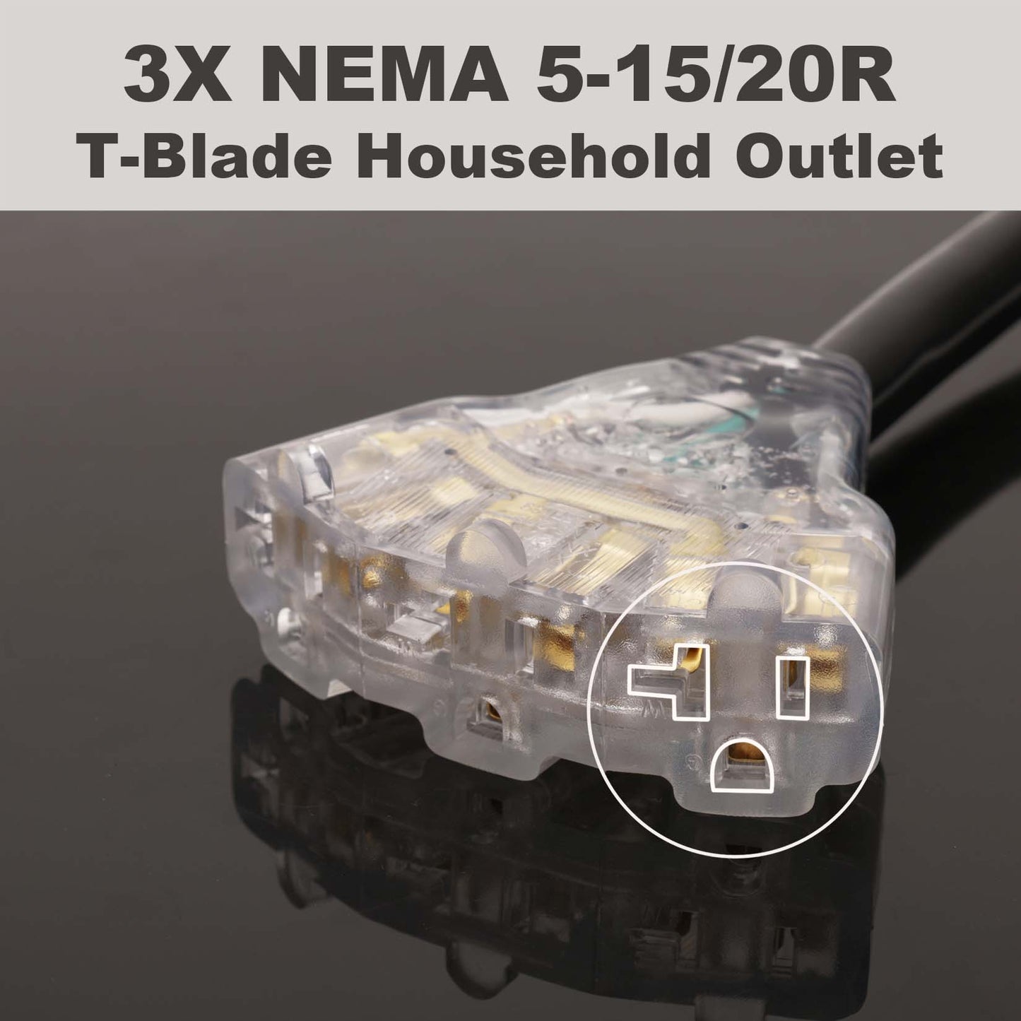 30 Amp to 110V RV/Generator Distribution Adapter Cord, NEMA TT-30P Male to 3X 5-15R/5-20R T-Blade Household Outlet Female with LED Power Indicator 3750W