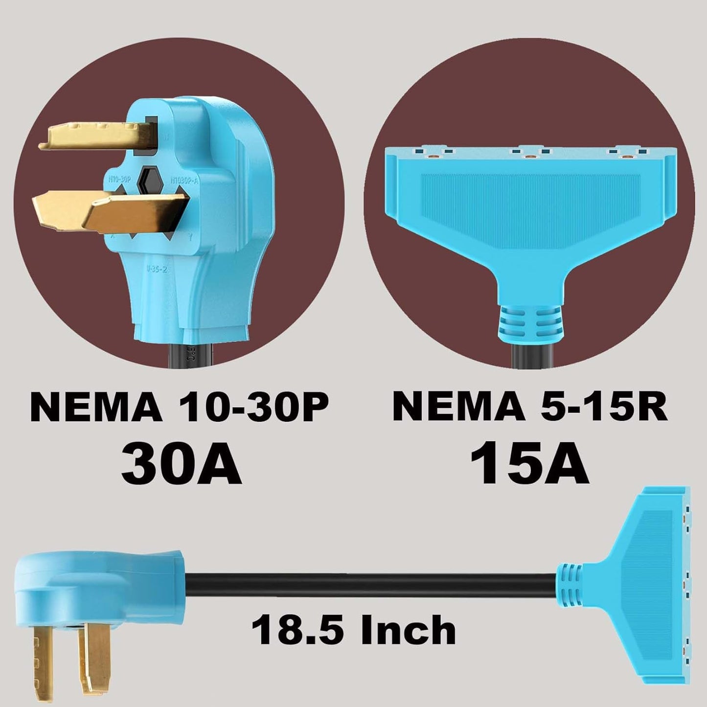 3 Prong 30 Amp to 110V Dryer Distribution Adapter Cord, NEMA 10-30P Male to 3X 5-15R Household Outlet Female