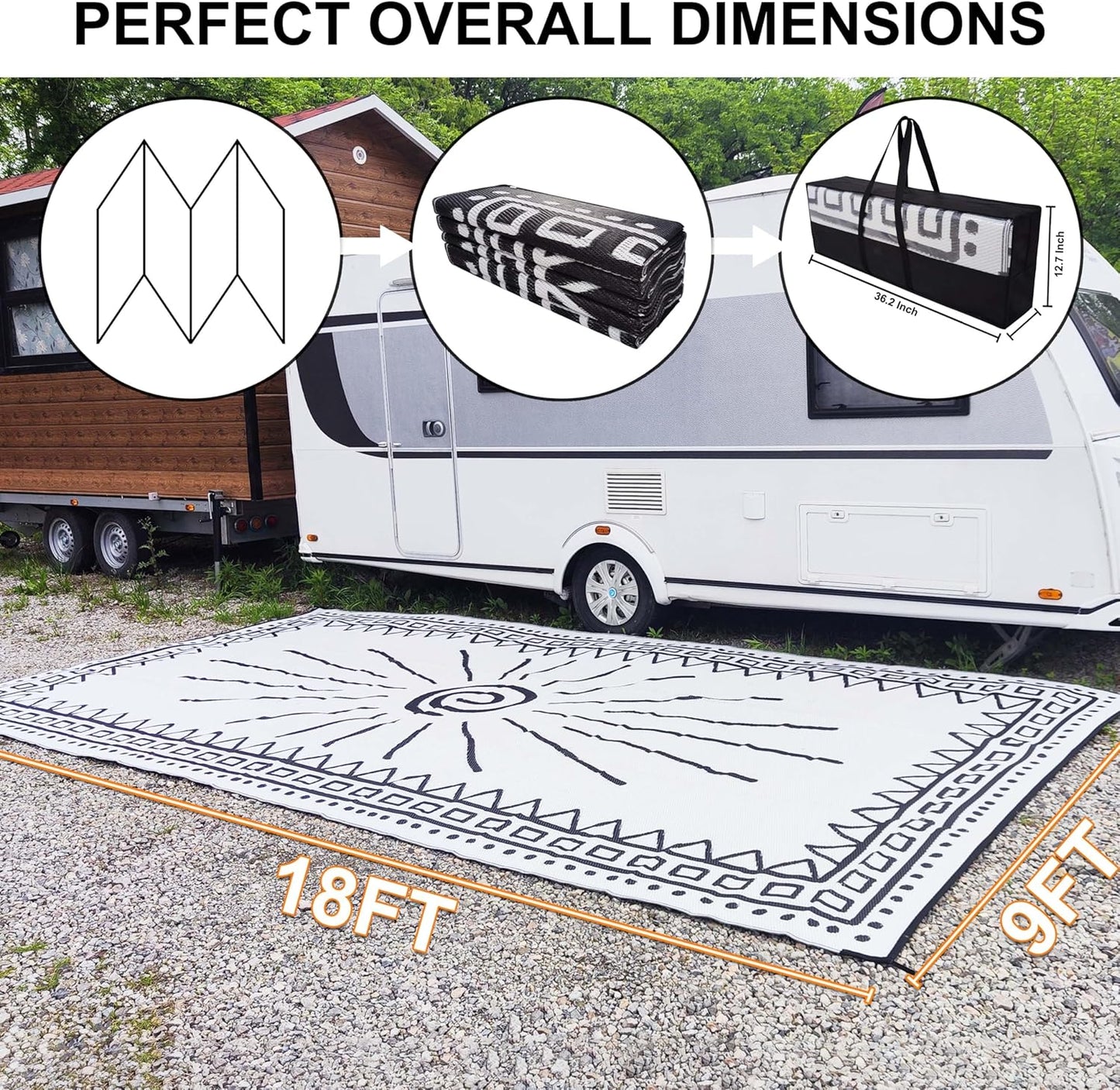 RV Outdoor Rug, Plastic Straw Waterproof Rugs Lightweight Reversible RV Mat Outdoor Patio Rug with Storage Bag for Outside Camper Under Awning Backyard, Sun Print
