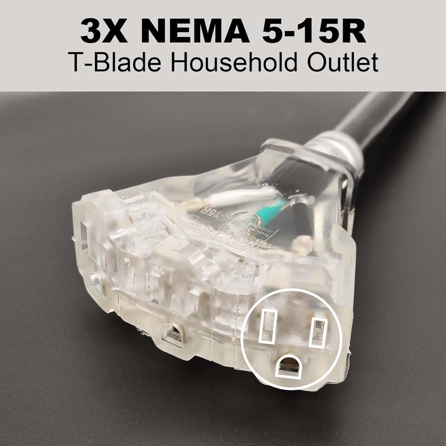 4 Prong 30 Amp to 110V Dryer Distribution Adapter Cord, NEMA 14-30P Male to 3X 5-15R T-Blade Household Outlet Female with LED Power Indicator