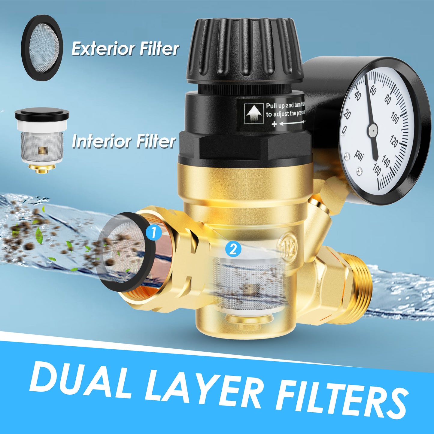 RV Water Pressure Regulator Valve, Brass Lead-Free Adjustable Water Pressure Reducer with Gauge and Inlet Filter for RV Camper and Travel Trailer