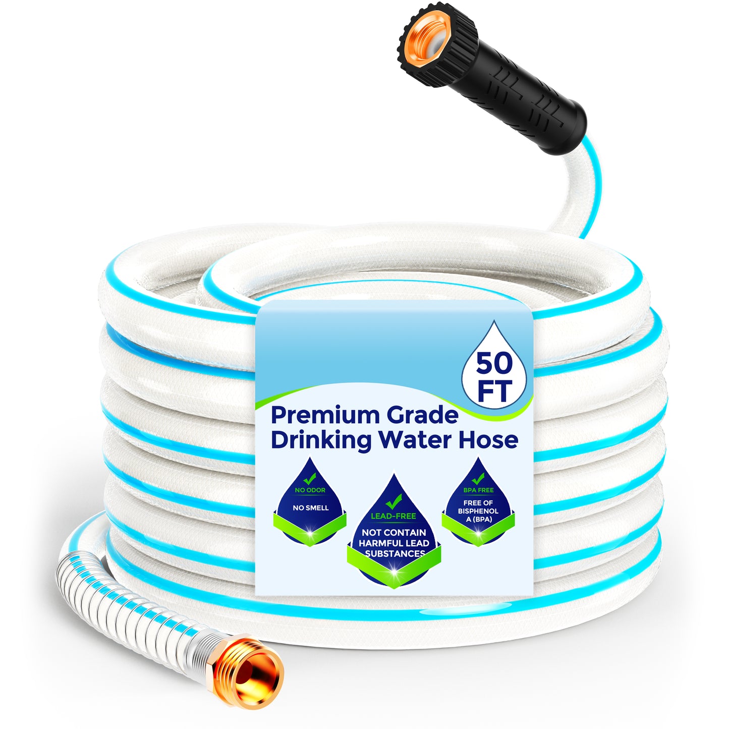 RV Water Hose - Drinking Water Hose Contains No Lead, No BPA - Flexible Leak-Free Design - Upgrade Strain Relief Ends - 5/8" Inside Diameter