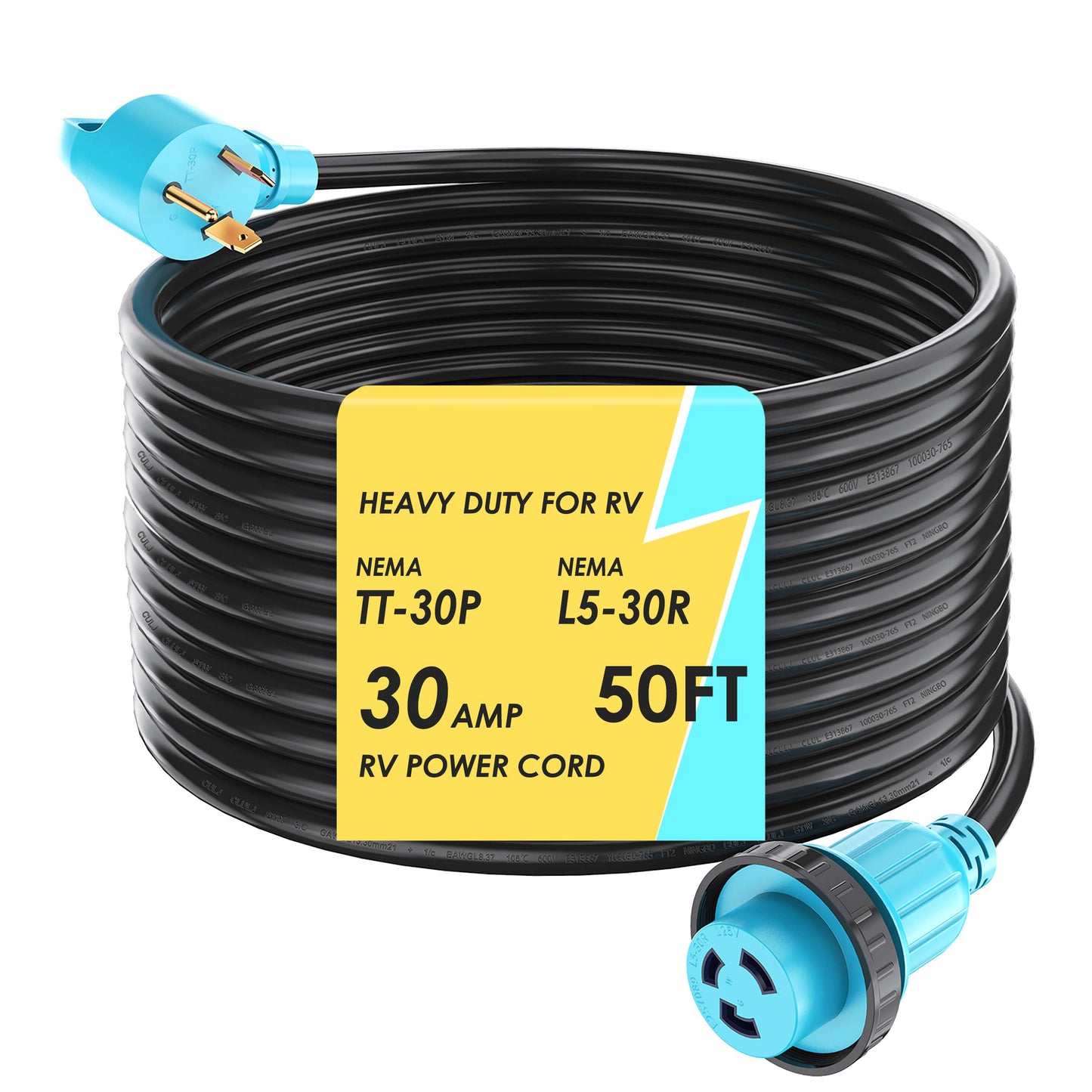 30 Amp RV Power Cord Twist Locking, Heavy Duty 10 Gauge 3 Wire STW Pure Copper Wire with Grip Handle, TT-30P to L5-30R with Cord Organizer for RV Trailer Campers