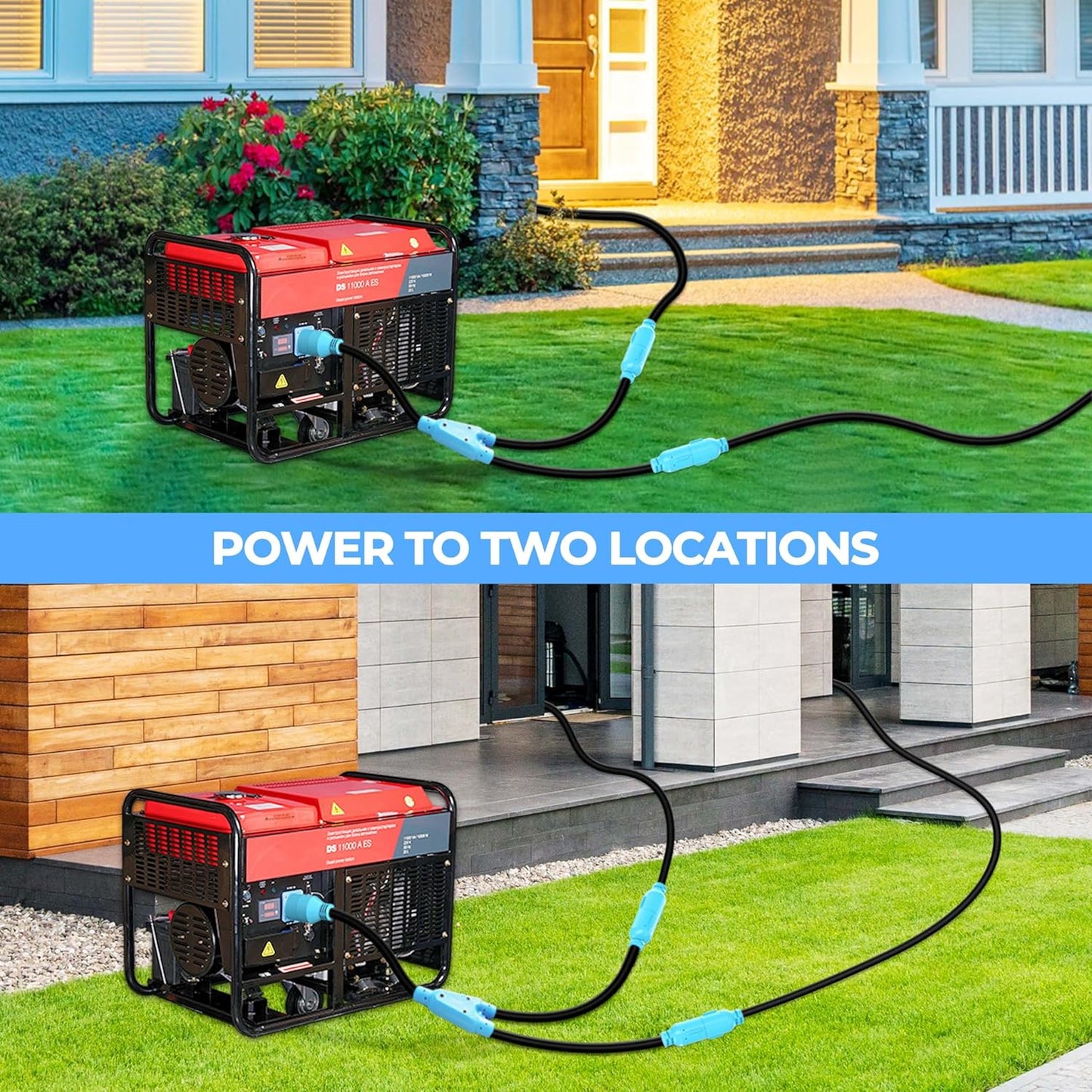 4 Prong 30 Amp Generator Splitter Y Adapter, NEMA L14-30P to 2X L14-30R, 10 AWG SJTW for Manual Transfer Switch, Generators, 125/250V 7500W