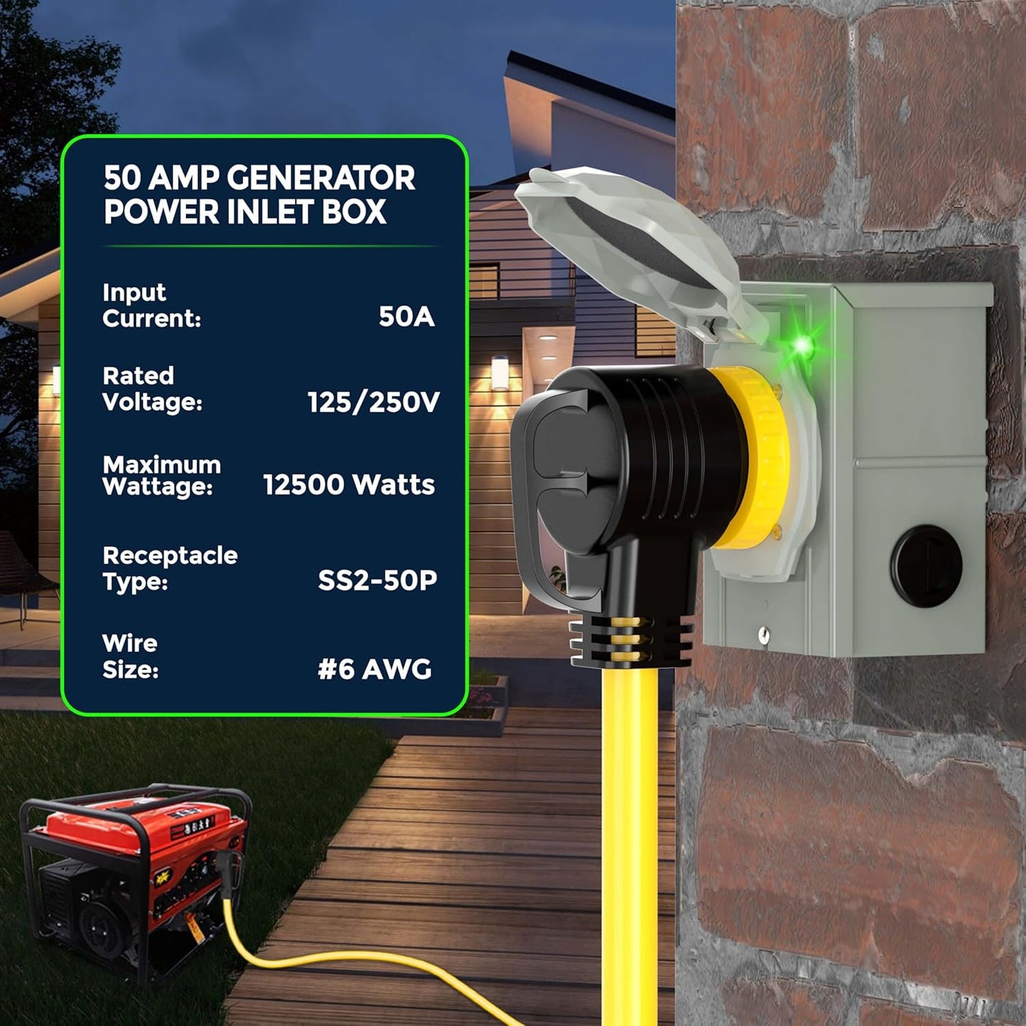 50 Amp Generator Cord with Inlet Box Kit, Heavy Duty 6/3+8/1 AWG STW Wire, NEMA 14-50P to SS2-50R Twist Locking, Newly Designed 90 Degree Grip Handle for Generator to House