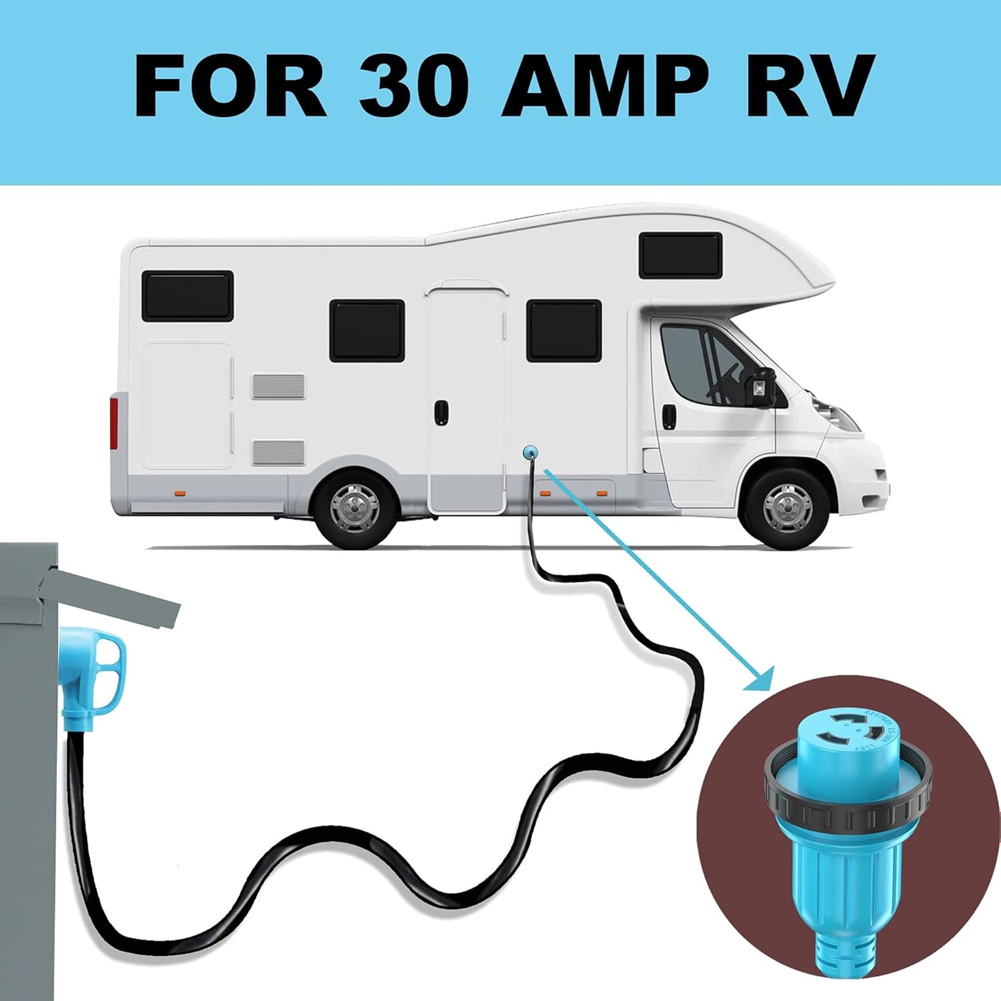 30 Amp RV Power Cord Twist Locking, Heavy Duty 10 Gauge 3 Wire STW Pure Copper Wire with Grip Handle, TT-30P to L5-30R with Cord Organizer for RV Trailer Campers
