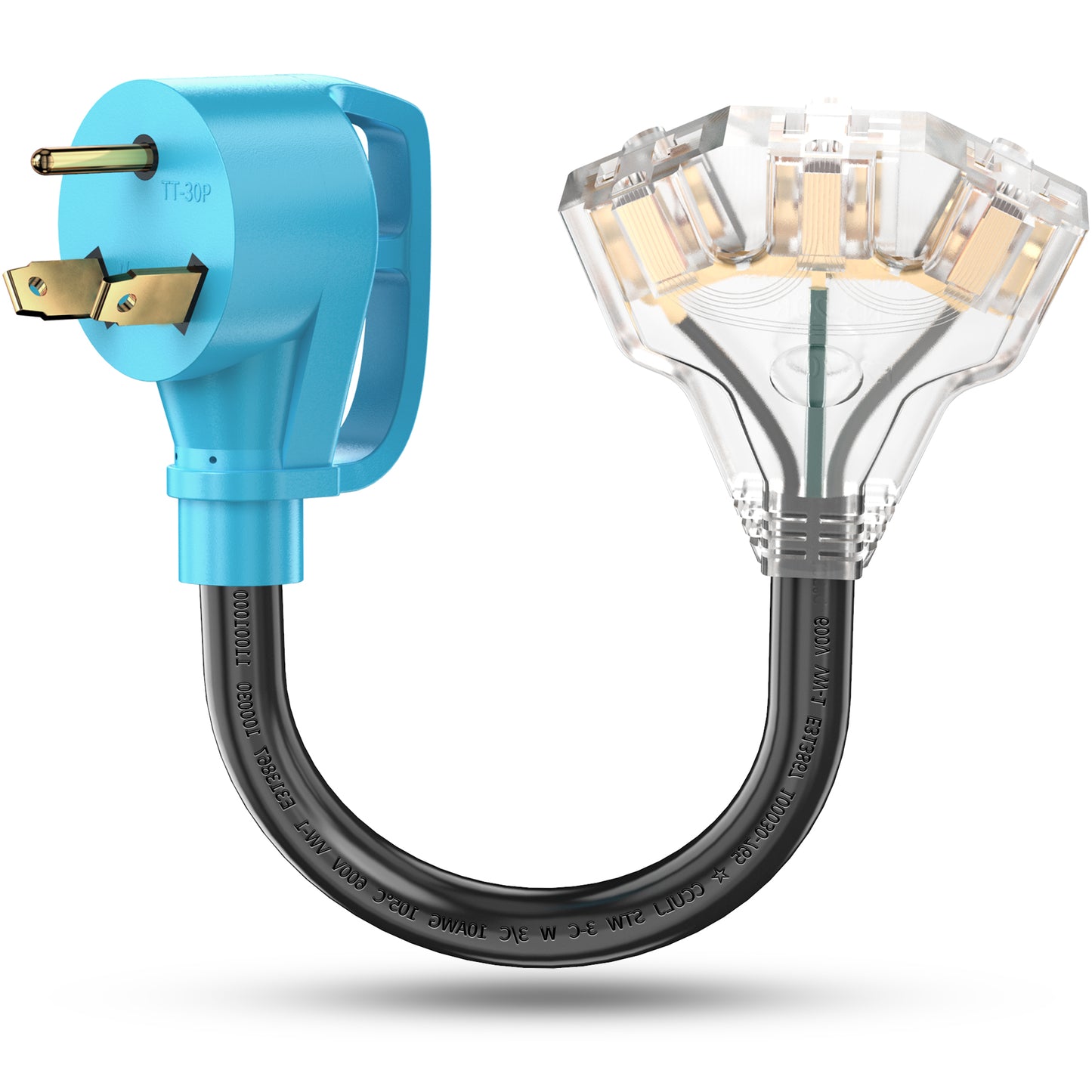 30 Amp to 110V RV/Generator Distribution Adapter Cord, NEMA TT-30P Male to 3X 5-15R/5-20R T-Blade Household Outlet Female with LED Power Indicator 3750W