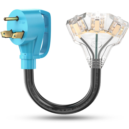 30 Amp to 110V RV/Generator Distribution Adapter Cord, NEMA TT-30P Male to 3X 5-15R/5-20R T-Blade Household Outlet Female with LED Power Indicator 3750W
