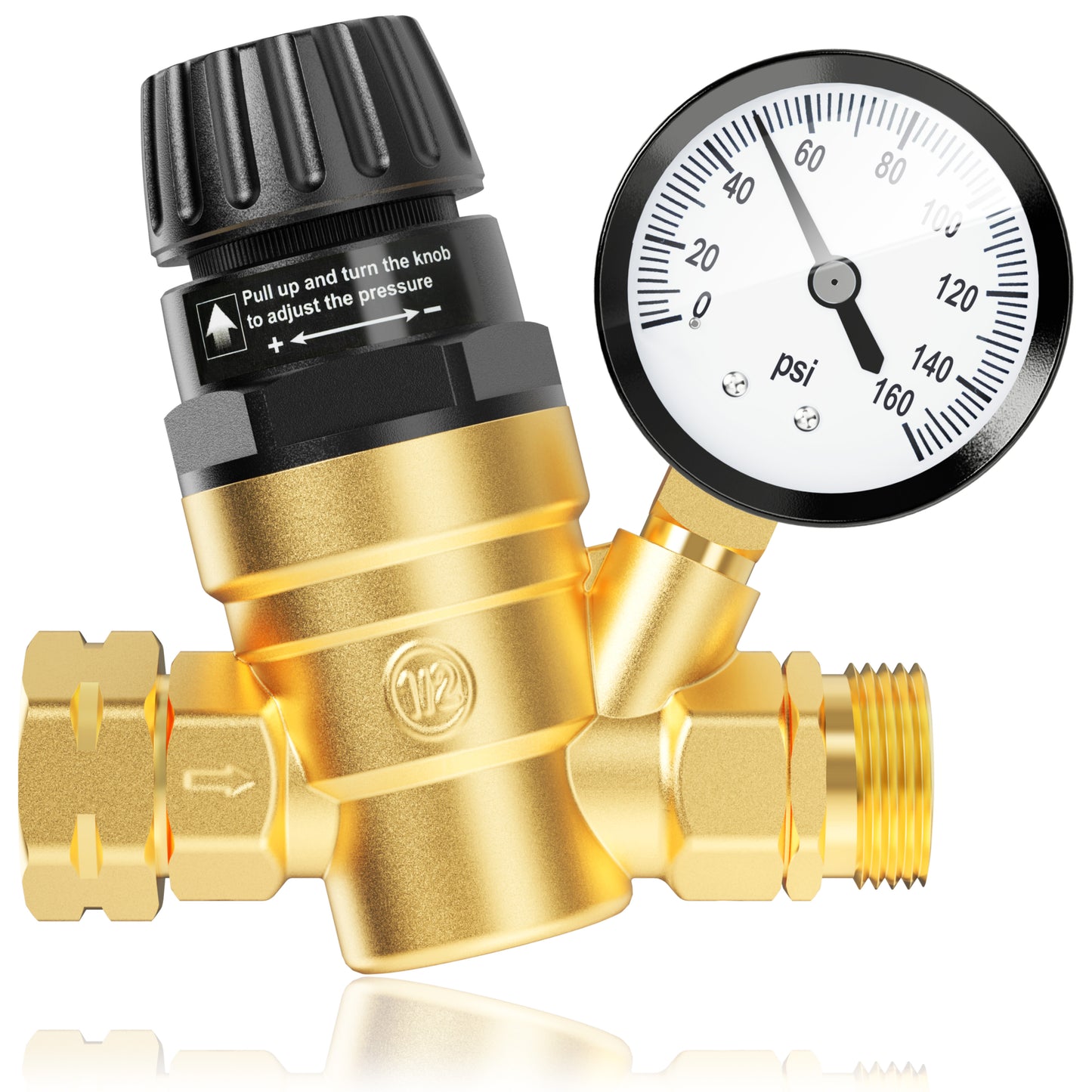 RV Water Pressure Regulator Valve, Brass Lead-Free Adjustable Water Pressure Reducer with Gauge and Inlet Filter for RV Camper and Travel Trailer