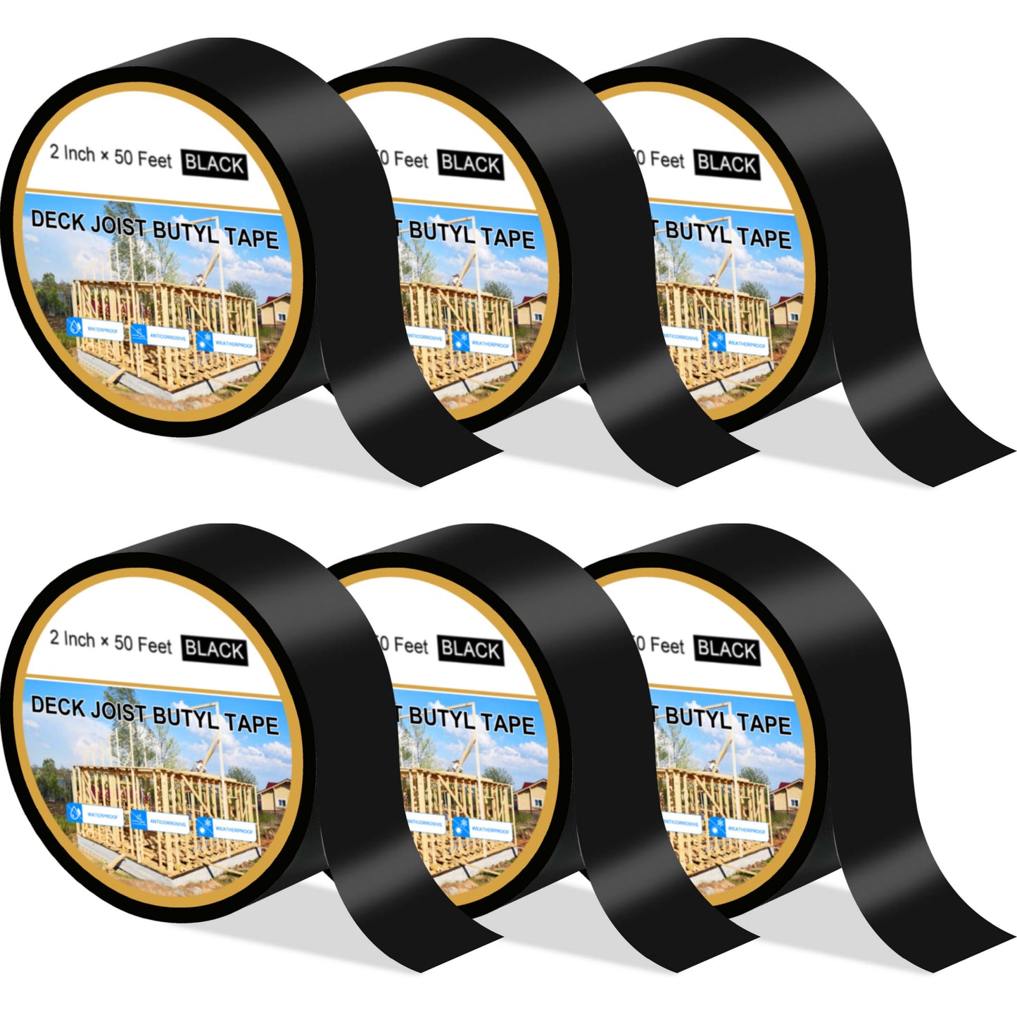 Joist Tape for Decking 2'' X 50', 6 Rolls Weatherproof Butyl Tape for Wood Decks Beams Roof, Flashing Tape Anti-Corrosion Weather Resistant Black Deck Joist Tape Outdoor Patio Repair