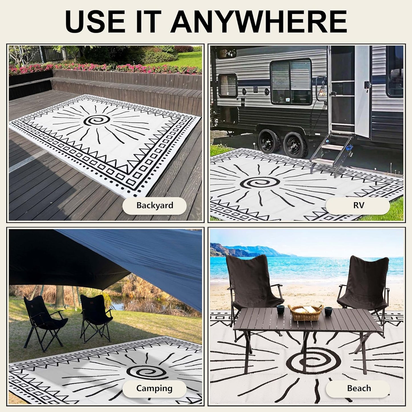 RV Outdoor Rug, Plastic Straw Waterproof Rugs Lightweight Reversible RV Mat Outdoor Patio Rug with Storage Bag for Outside Camper Under Awning Backyard, Sun Print