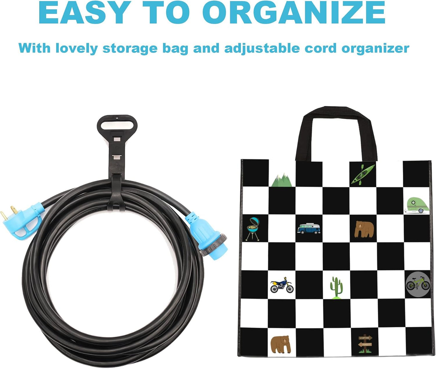 30 Amp RV Power Cord Twist Locking, Heavy Duty 10 Gauge 3 Wire STW Pure Copper Wire with Grip Handle, TT-30P to L5-30R with Cord Organizer for RV Trailer Campers