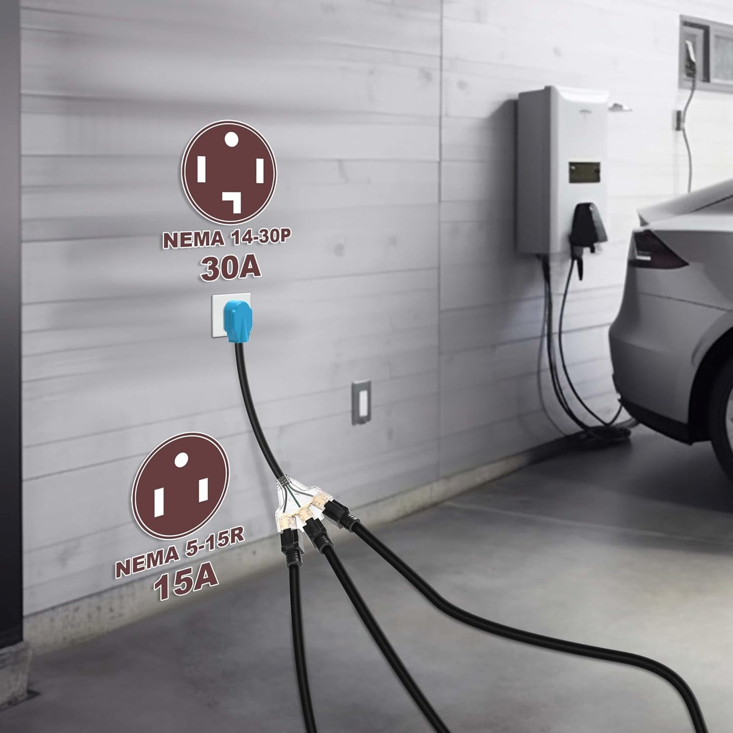 4 Prong 30 Amp to 110V Dryer Distribution Adapter Cord, NEMA 14-30P Male to 3X 5-15R T-Blade Household Outlet Female with LED Power Indicator