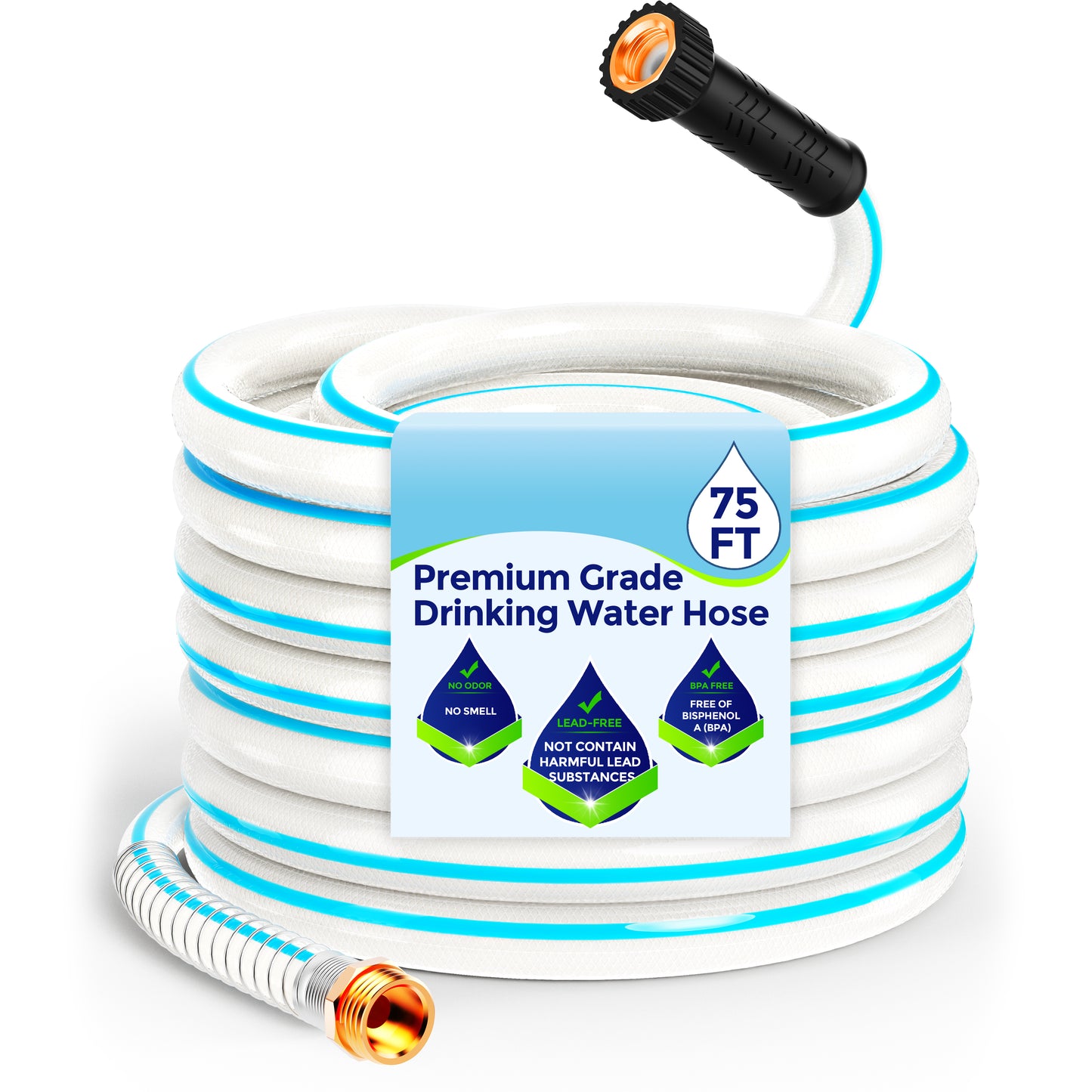 RV Water Hose - Drinking Water Hose Contains No Lead, No BPA - Flexible Leak-Free Design - Upgrade Strain Relief Ends - 5/8" Inside Diameter