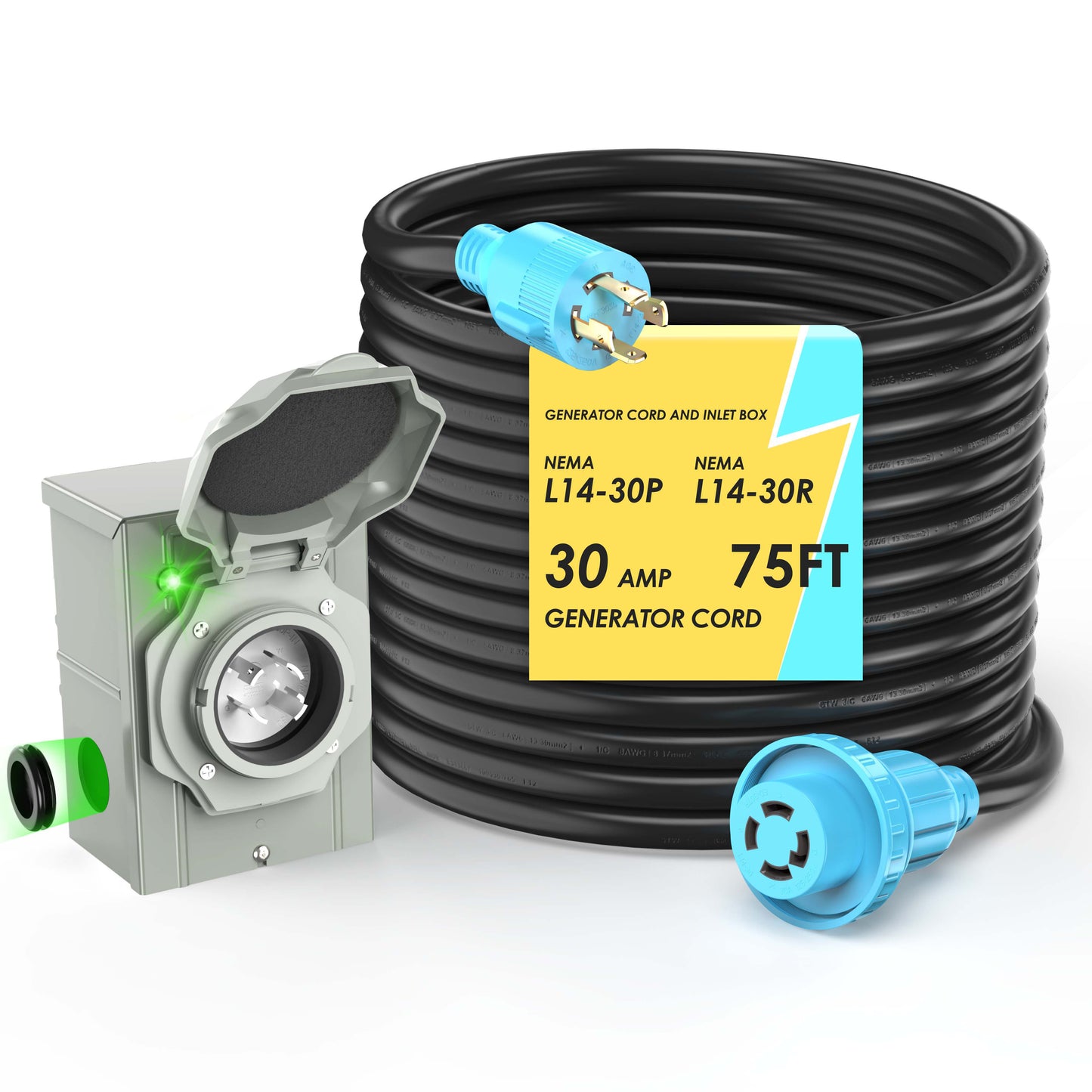 4 Prong 30 Amp Generator Extension Cord and Inlet Box with Locking Connector, Heavy Duty NEMA L14-30P/L14-30R, 125/250V 7500W 10 Gauge SJTW Generator to House Power Cord